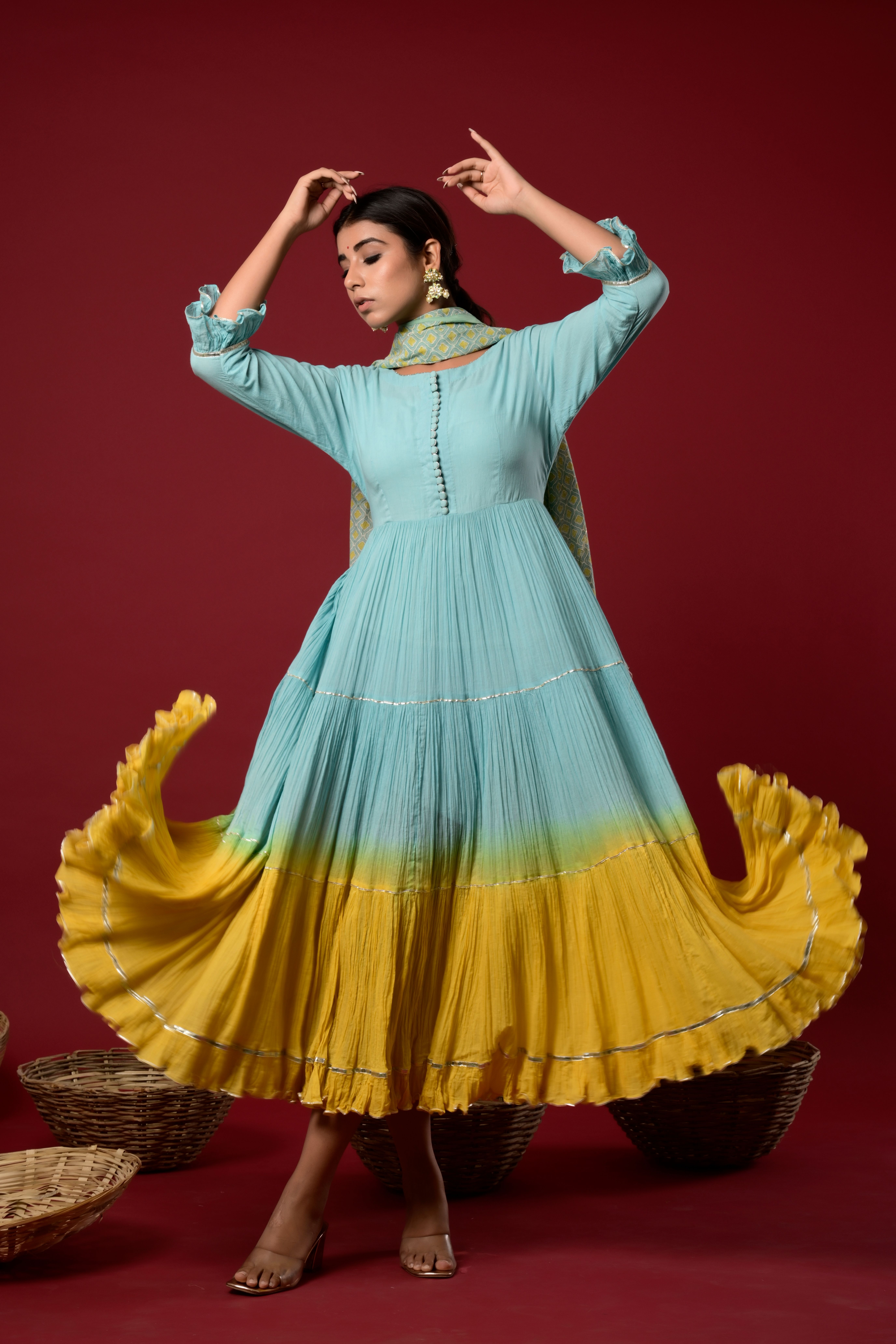Blue tiered shaded dress with printed chanderi dupatta