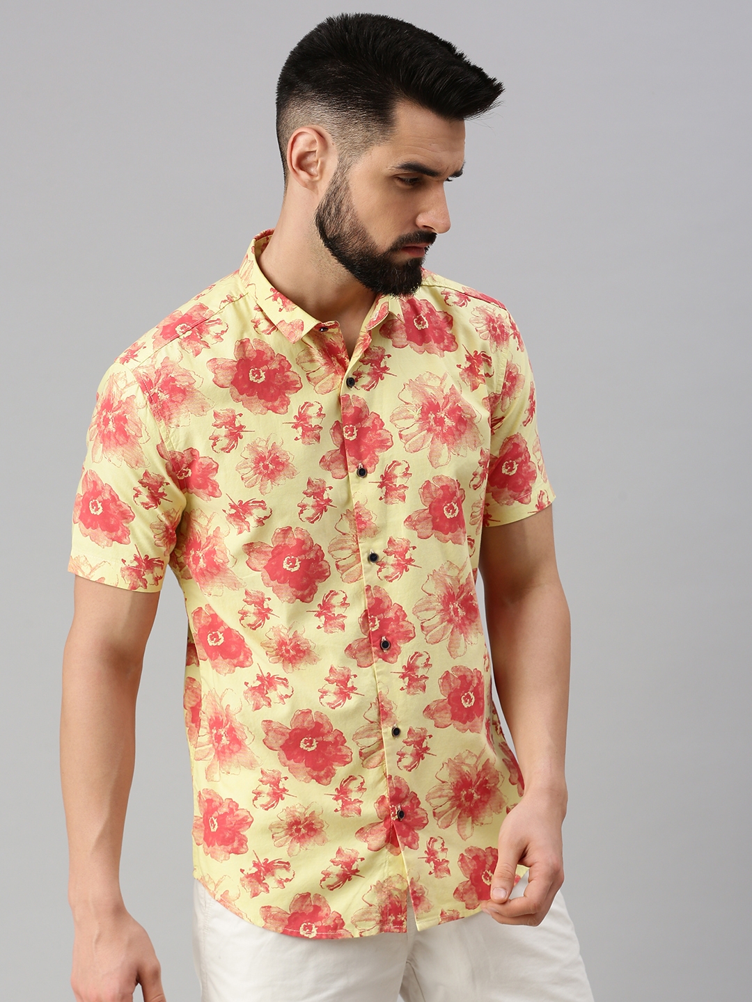 Showoff | SHOWOFF Men Yellow Solid  Spread Collar Short Sleeves Casual Shirt 2