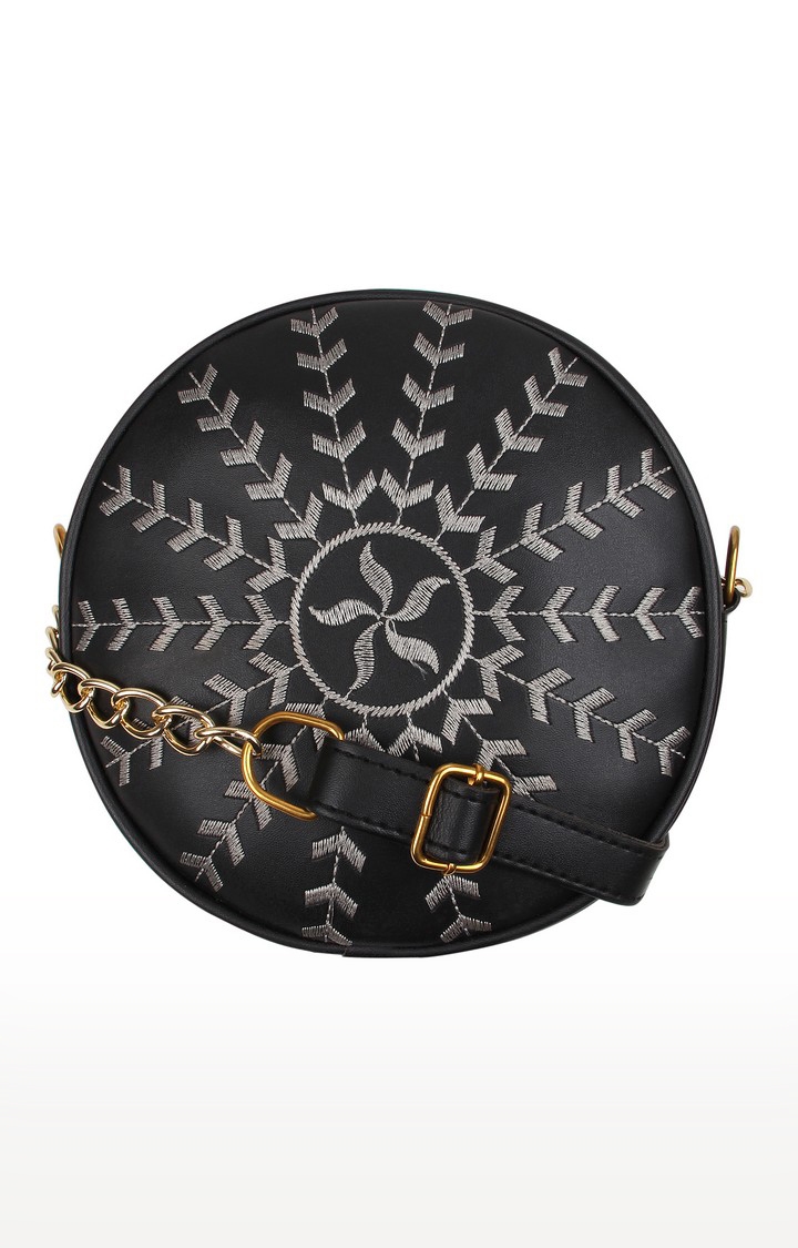 Vivinkaa | Vivinkaa Black Faux Leather Round Embroidery Sling Bag 0