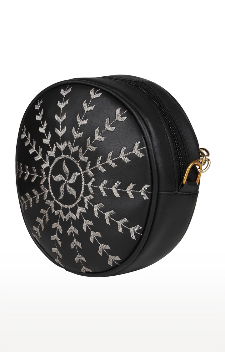 Vivinkaa | Vivinkaa Black Faux Leather Round Embroidery Sling Bag 3