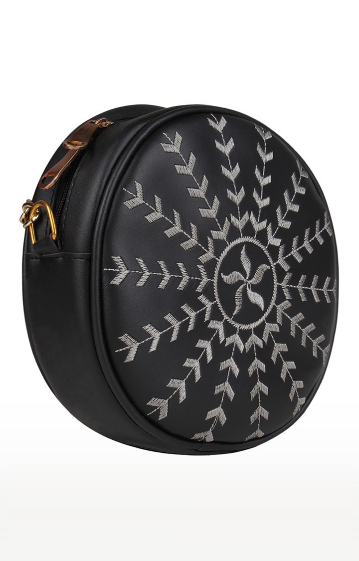 Vivinkaa | Vivinkaa Black Faux Leather Round Embroidery Sling Bag 2