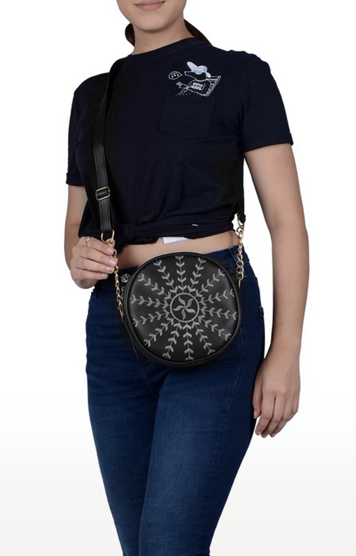 Vivinkaa | Vivinkaa Black Faux Leather Round Embroidery Sling Bag 7