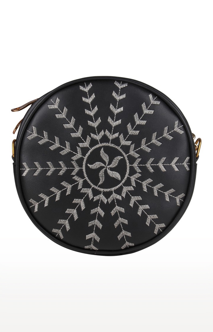 Vivinkaa | Vivinkaa Black Faux Leather Round Embroidery Sling Bag 4