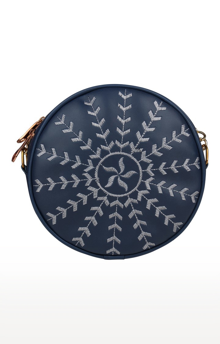 Vivinkaa | Vivinkaa Navy Blue Round Faux Leather Embroidery Sling Bag 4