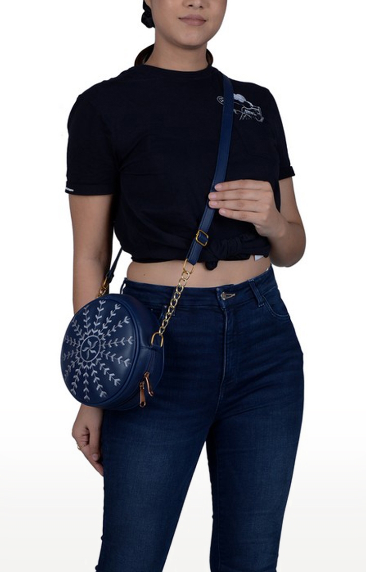 Vivinkaa | Vivinkaa Navy Blue Round Faux Leather Embroidery Sling Bag 7