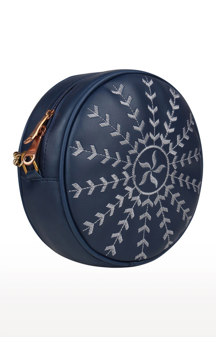 Vivinkaa | Vivinkaa Navy Blue Round Faux Leather Embroidery Sling Bag 2