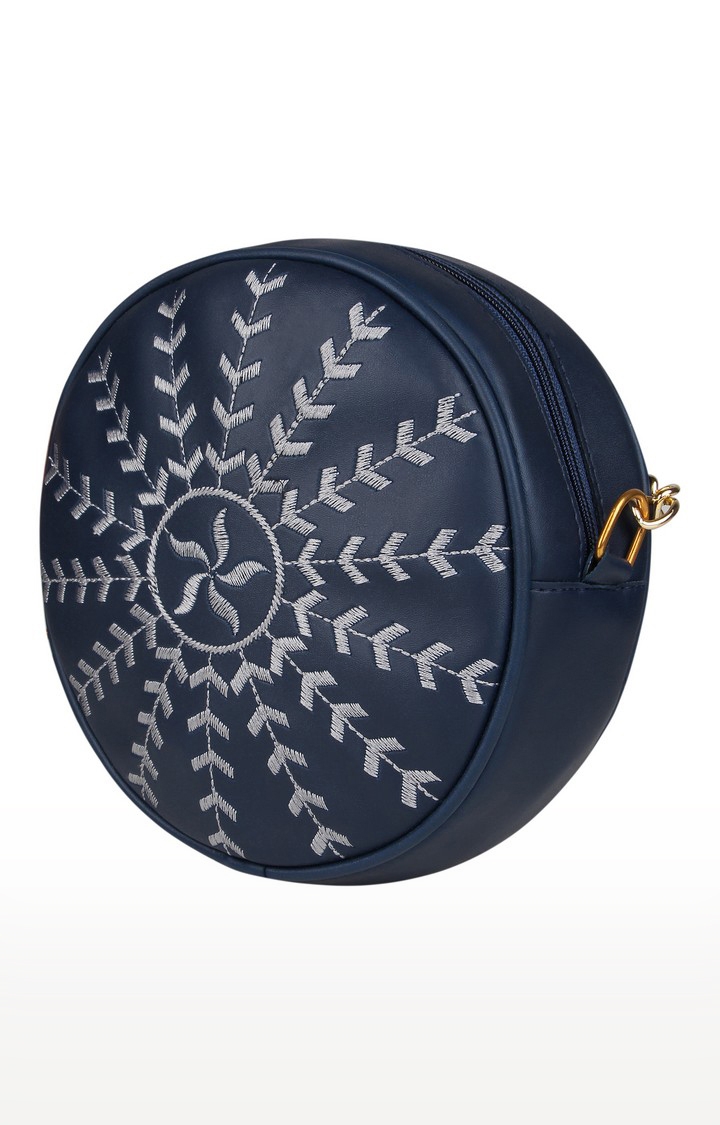 Vivinkaa | Vivinkaa Navy Blue Round Faux Leather Embroidery Sling Bag 3