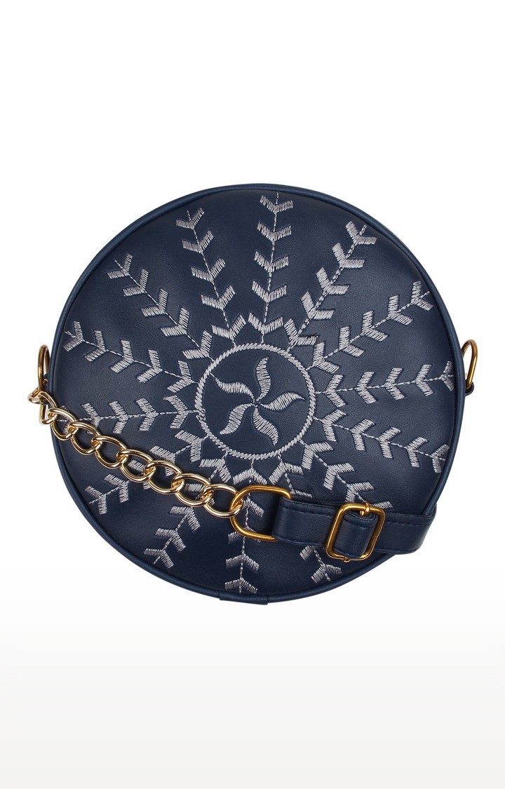 Vivinkaa | Vivinkaa Navy Blue Round Faux Leather Embroidery Sling Bag 0