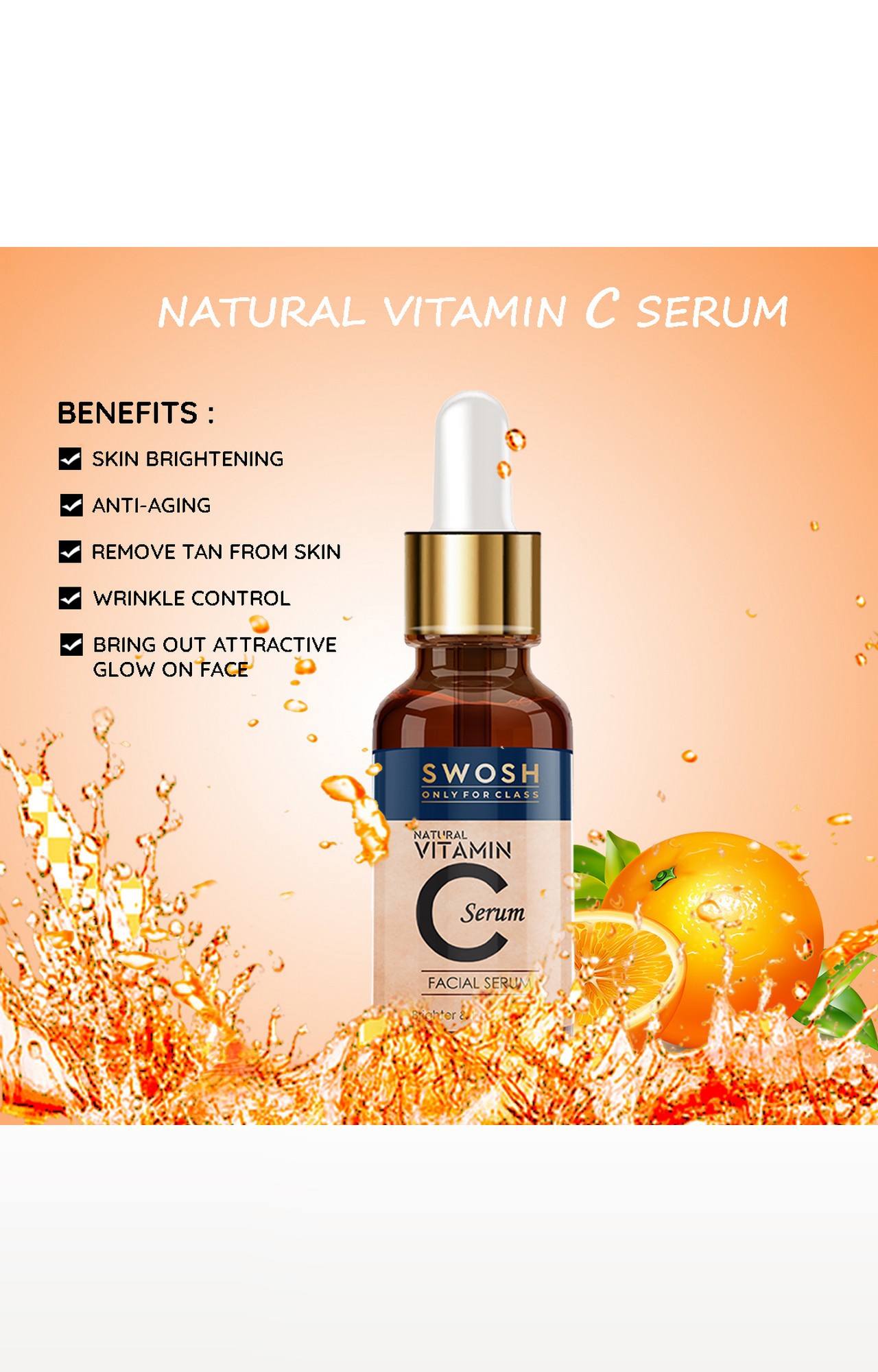 SWOSH | Swosh Vitamin C Serum For Face Enrich With Hyaluronic Acid, Vitamin E, Tamarind Extract, Aloe Vera Extract, Dead Sea Salt For Brightening, Anti Ageing, Wrinkle Control, 30Ml 1