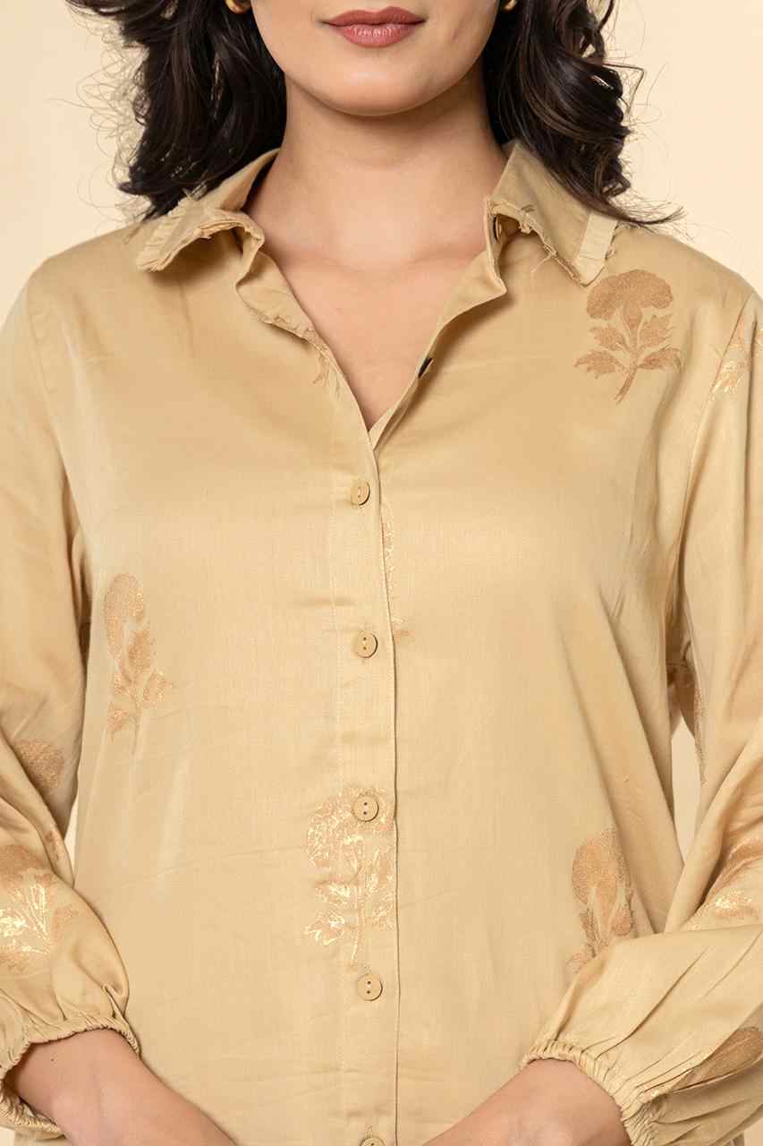 Naksh Beige Cotton Satin Co-ordinated Set With Gold Print (Set of 2)