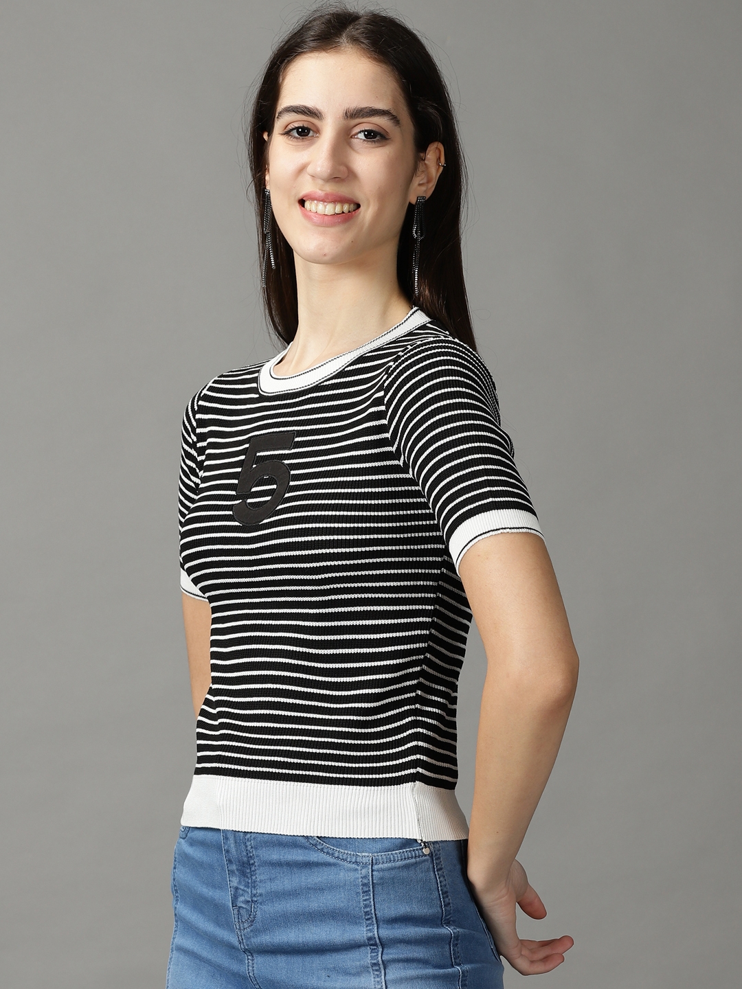 Showoff | SHOWOFF Women Black Striped Round Neck Short Sleeves Regular Fitted Top 2