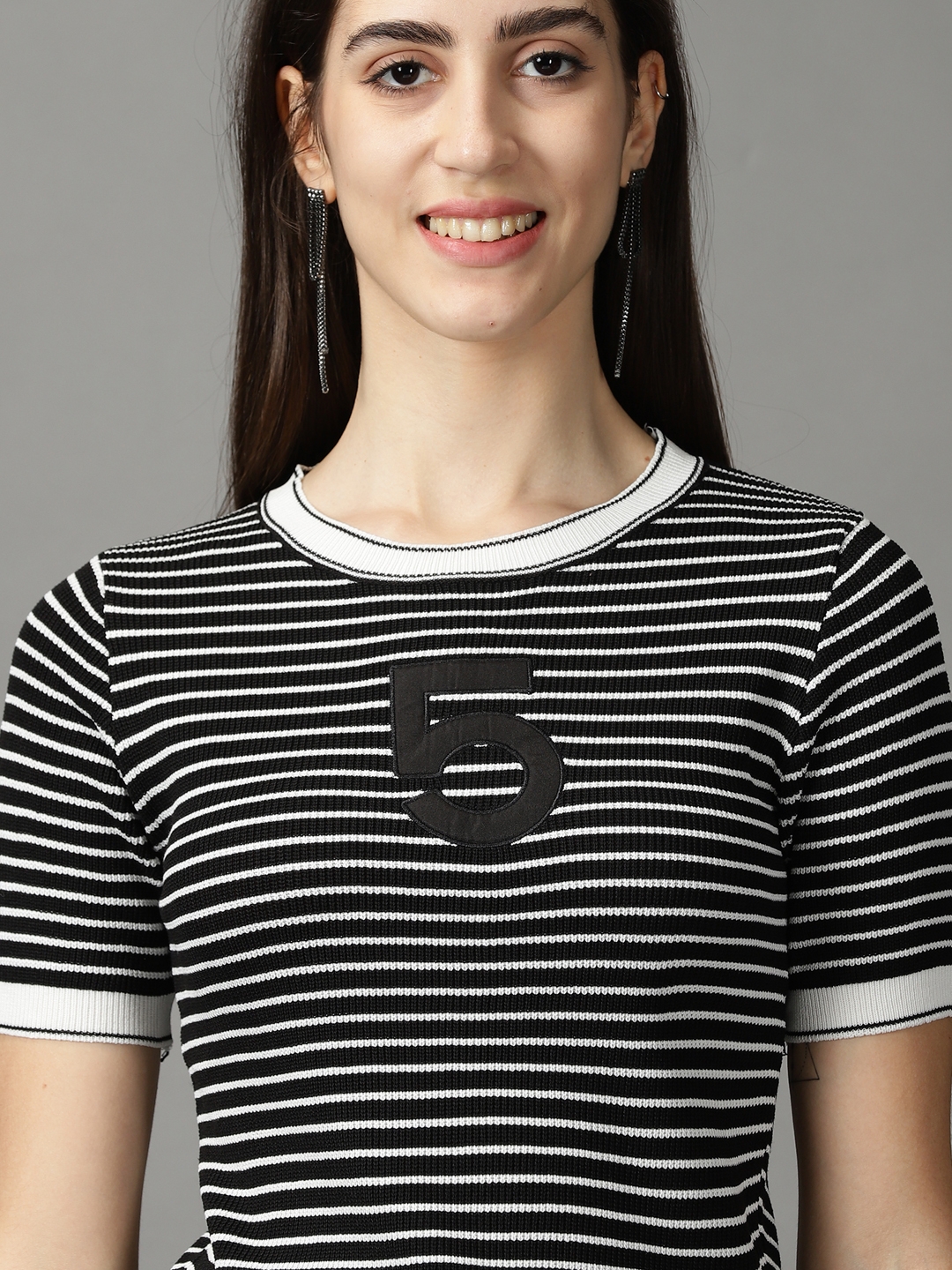 Showoff | SHOWOFF Women Black Striped Round Neck Short Sleeves Regular Fitted Top 5