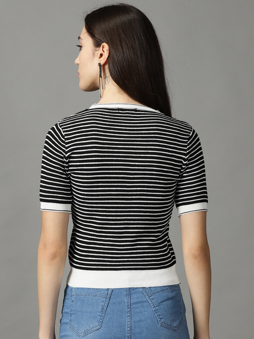 Showoff | SHOWOFF Women Black Striped Round Neck Short Sleeves Regular Fitted Top 3
