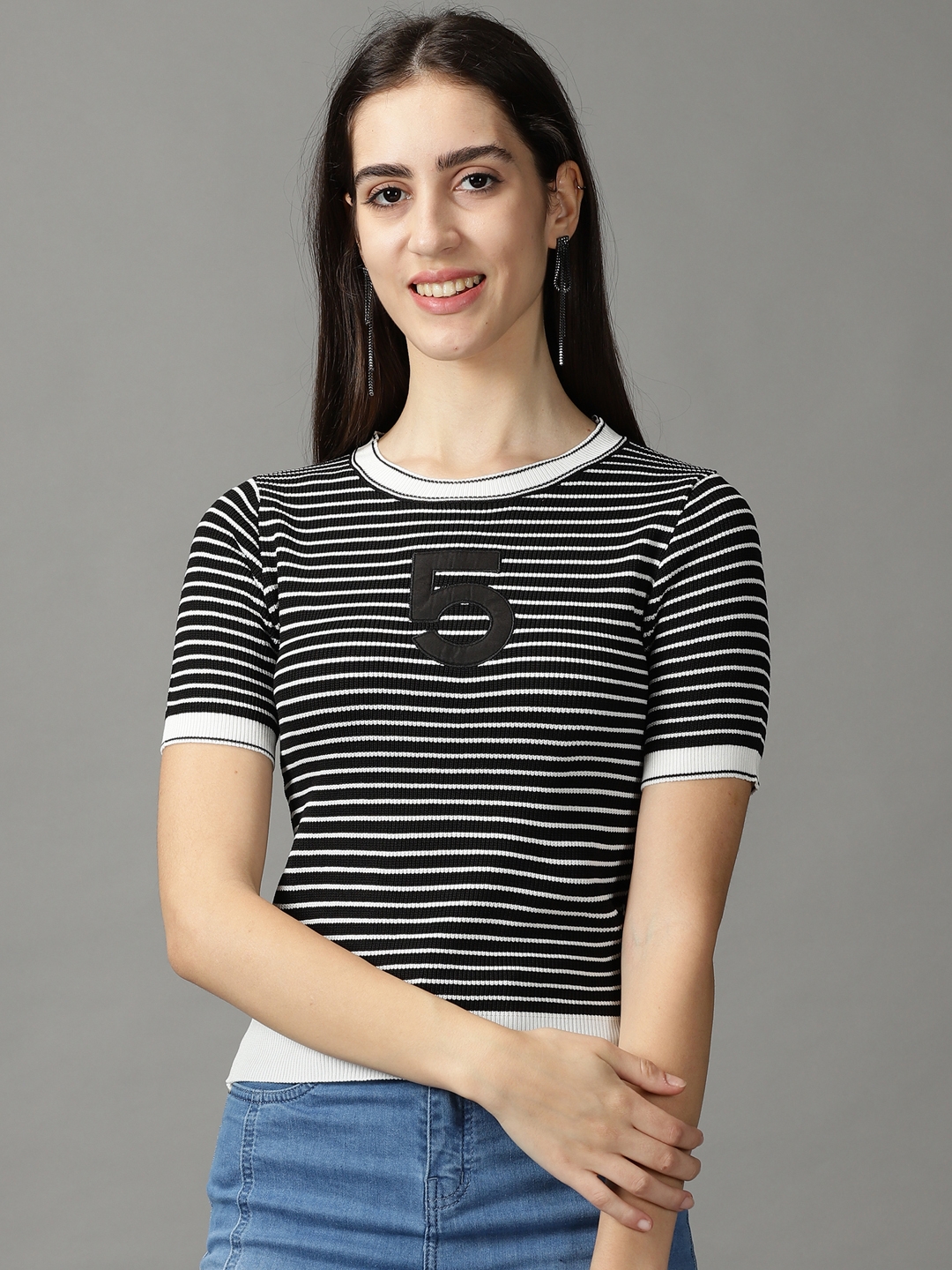 Showoff | SHOWOFF Women Black Striped Round Neck Short Sleeves Regular Fitted Top 1