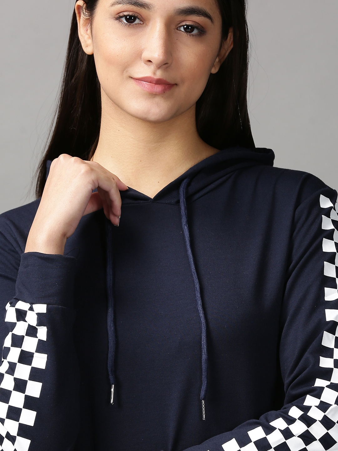 Showoff | SHOWOFF Women Navy Blue Solid Hooded Full Sleeves Pullover Sweatshirt 5