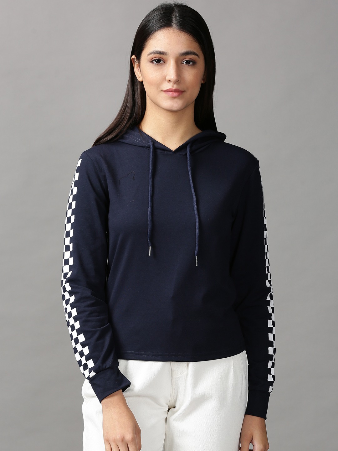 Showoff | SHOWOFF Women Navy Blue Solid Hooded Full Sleeves Pullover Sweatshirt 1