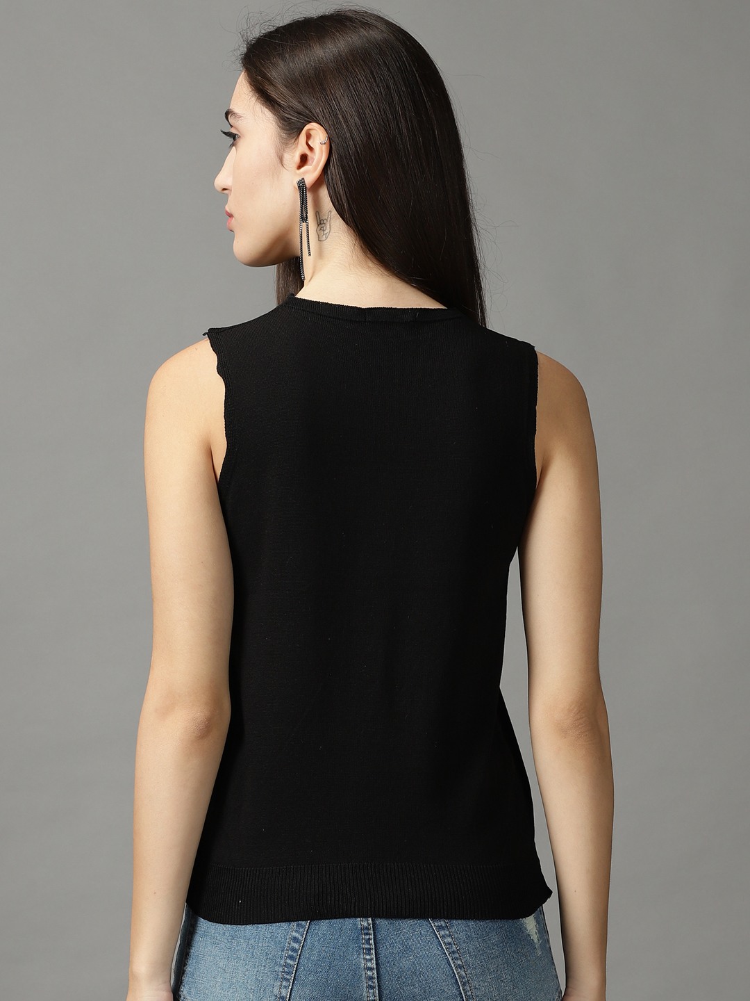 SHOWOFF Women Black Solid V Neck Sleeveless Regular Fitted Top