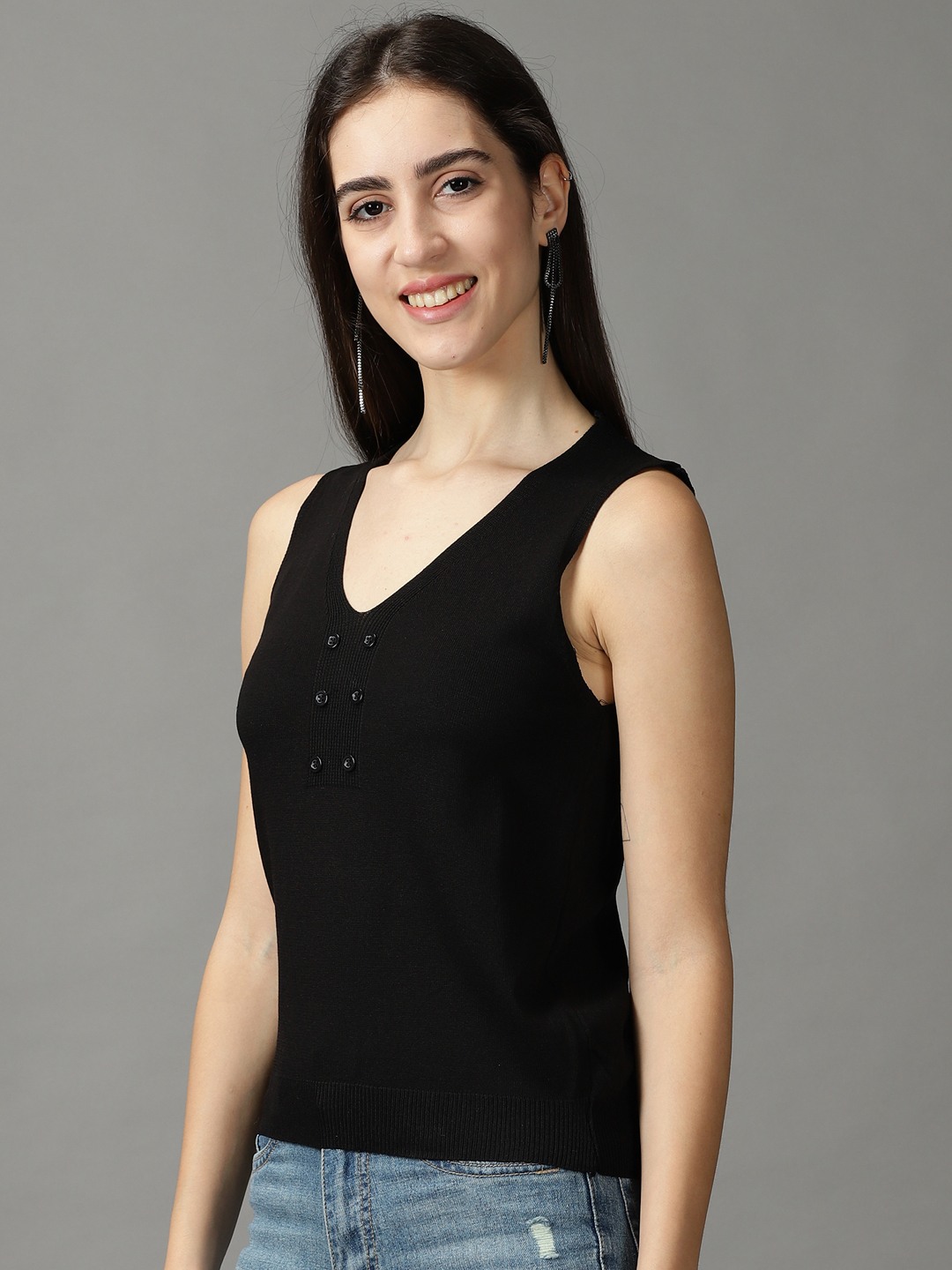 SHOWOFF Women Black Solid V Neck Sleeveless Regular Fitted Top
