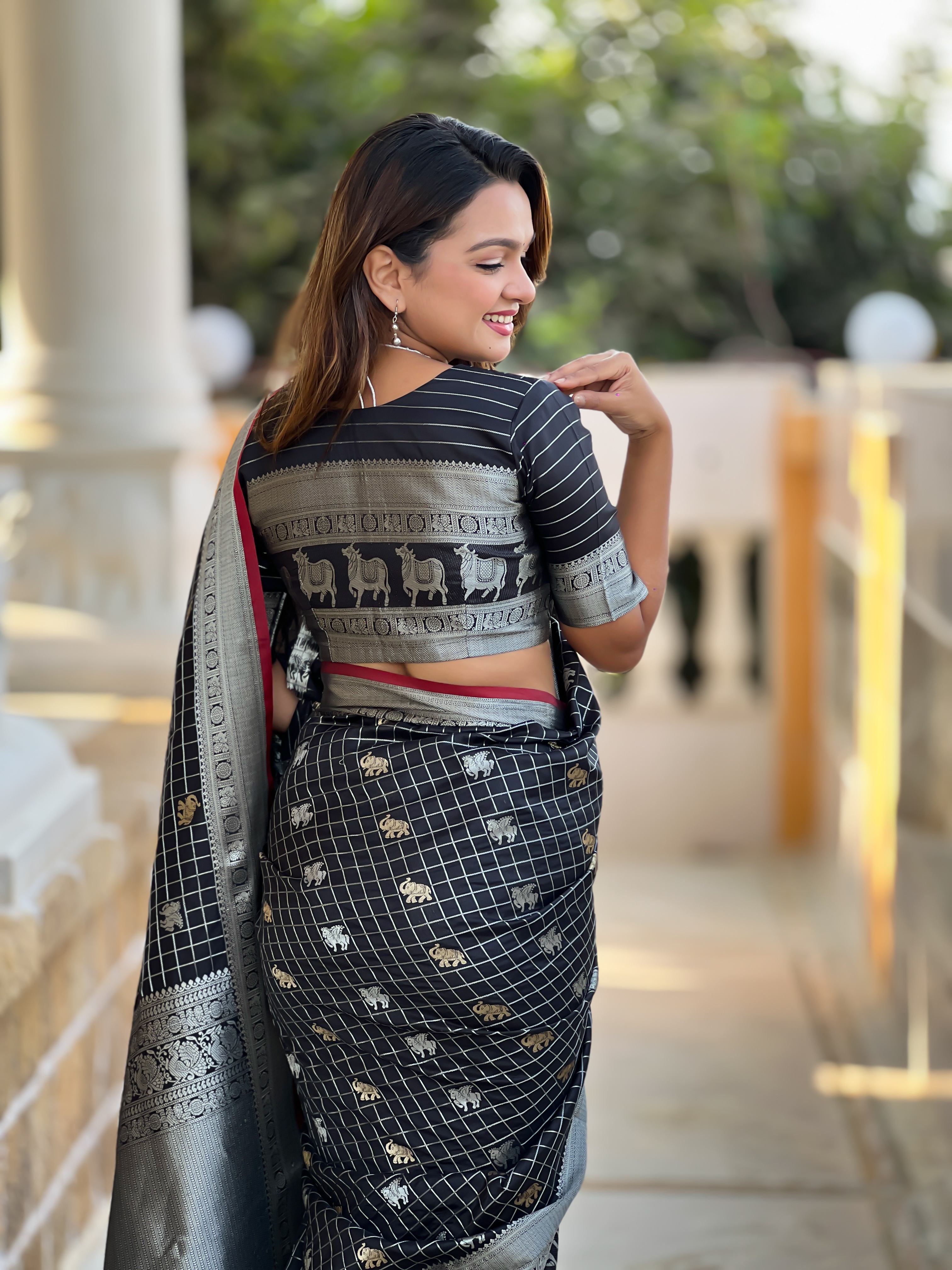 Tasarika Women Black Weaving Soft Silk Saree In Pichwai, Concept, With Gold And Silver Zari Motif in Combination Sarees Rajshree