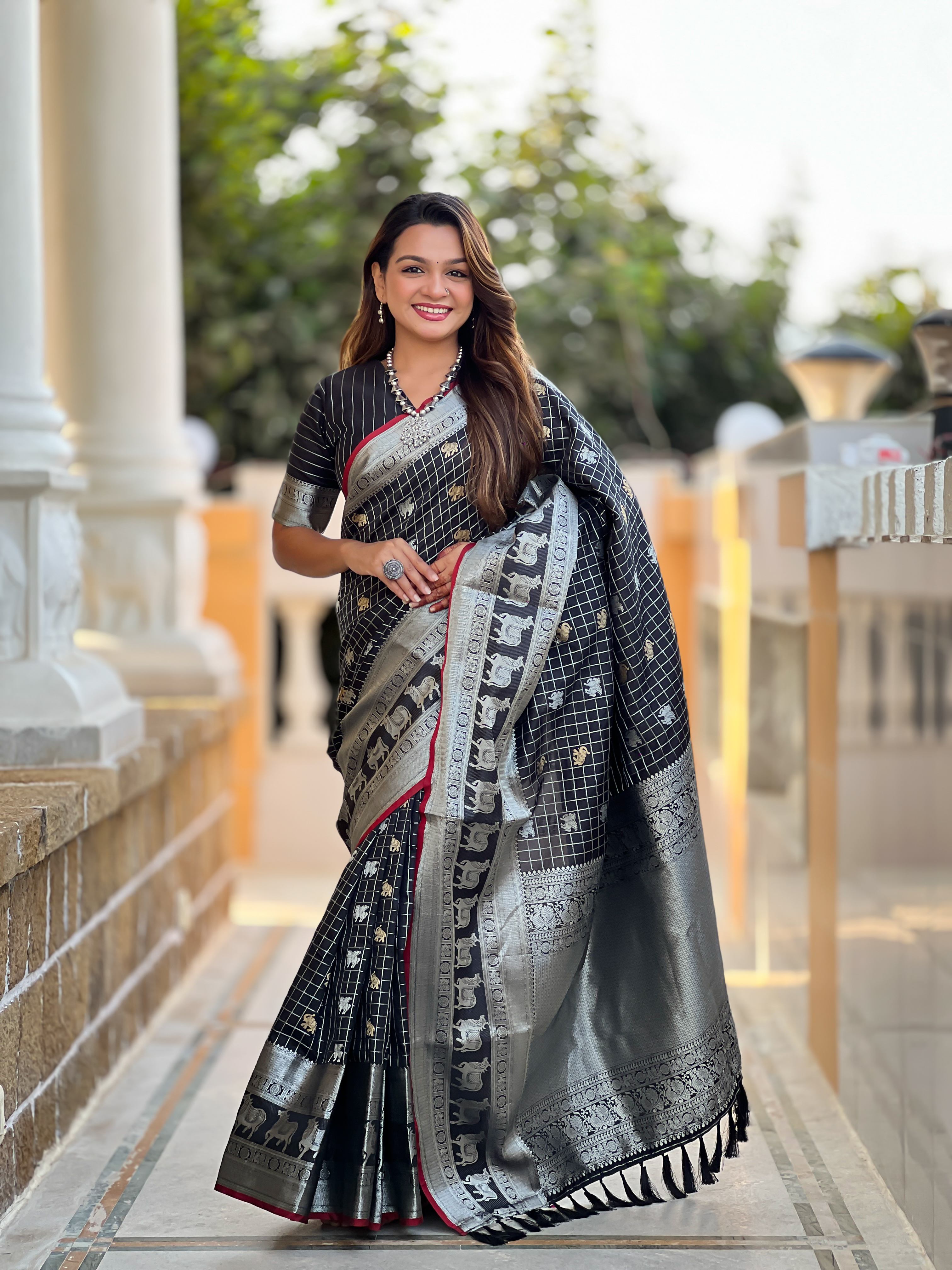 Tasarika Women Black Weaving Soft Silk Saree In Pichwai, Concept, With Gold And Silver Zari Motif in Combination Sarees Rajshree