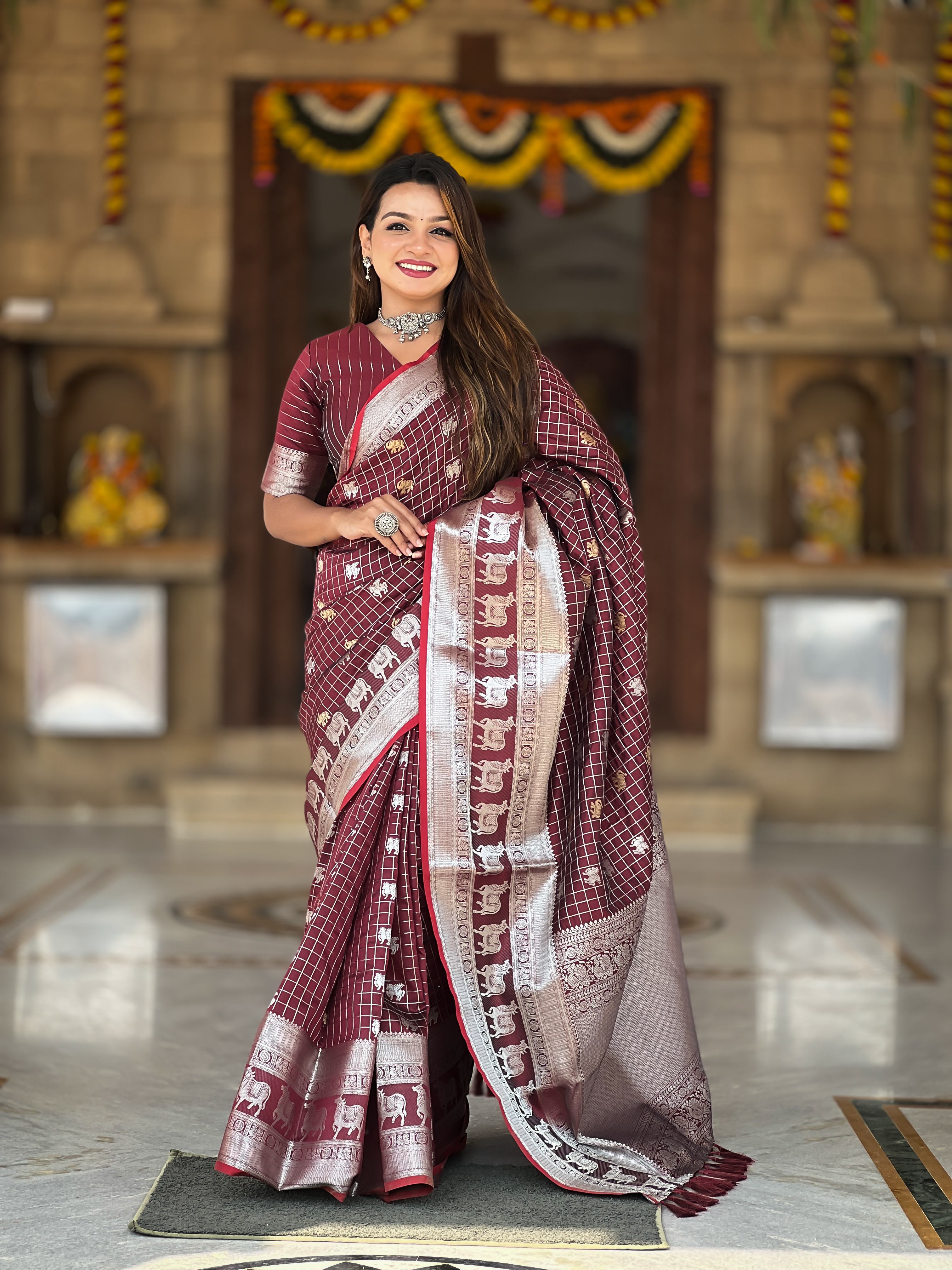 Tasarika Women Brown Weaving Soft Silk Saree In Pichwai, Concept, With Gold And Silver Zari Motif in Combination Sarees Rajshree