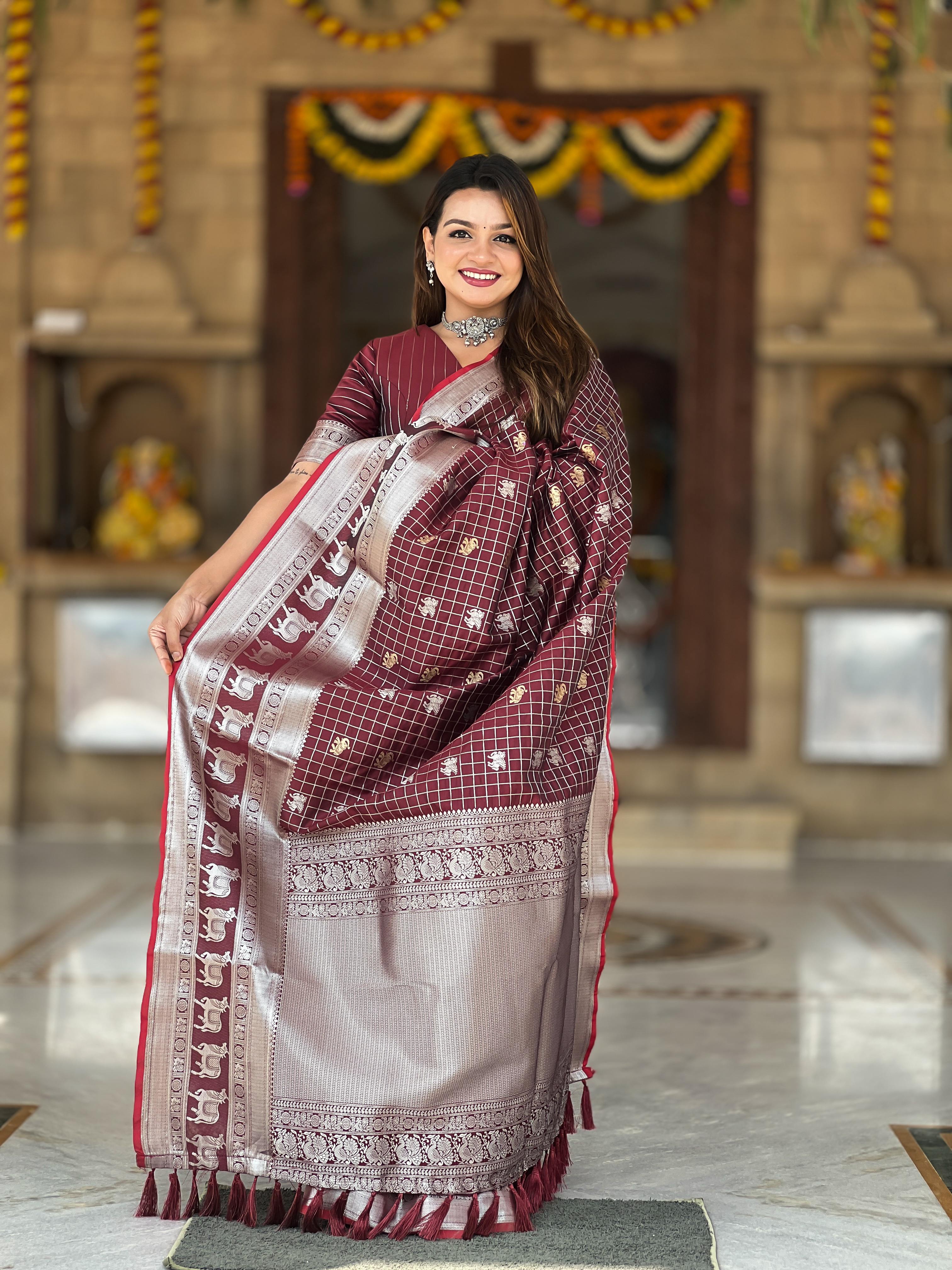 Tasarika Women Brown Weaving Soft Silk Saree In Pichwai, Concept, With Gold And Silver Zari Motif in Combination Sarees Rajshree