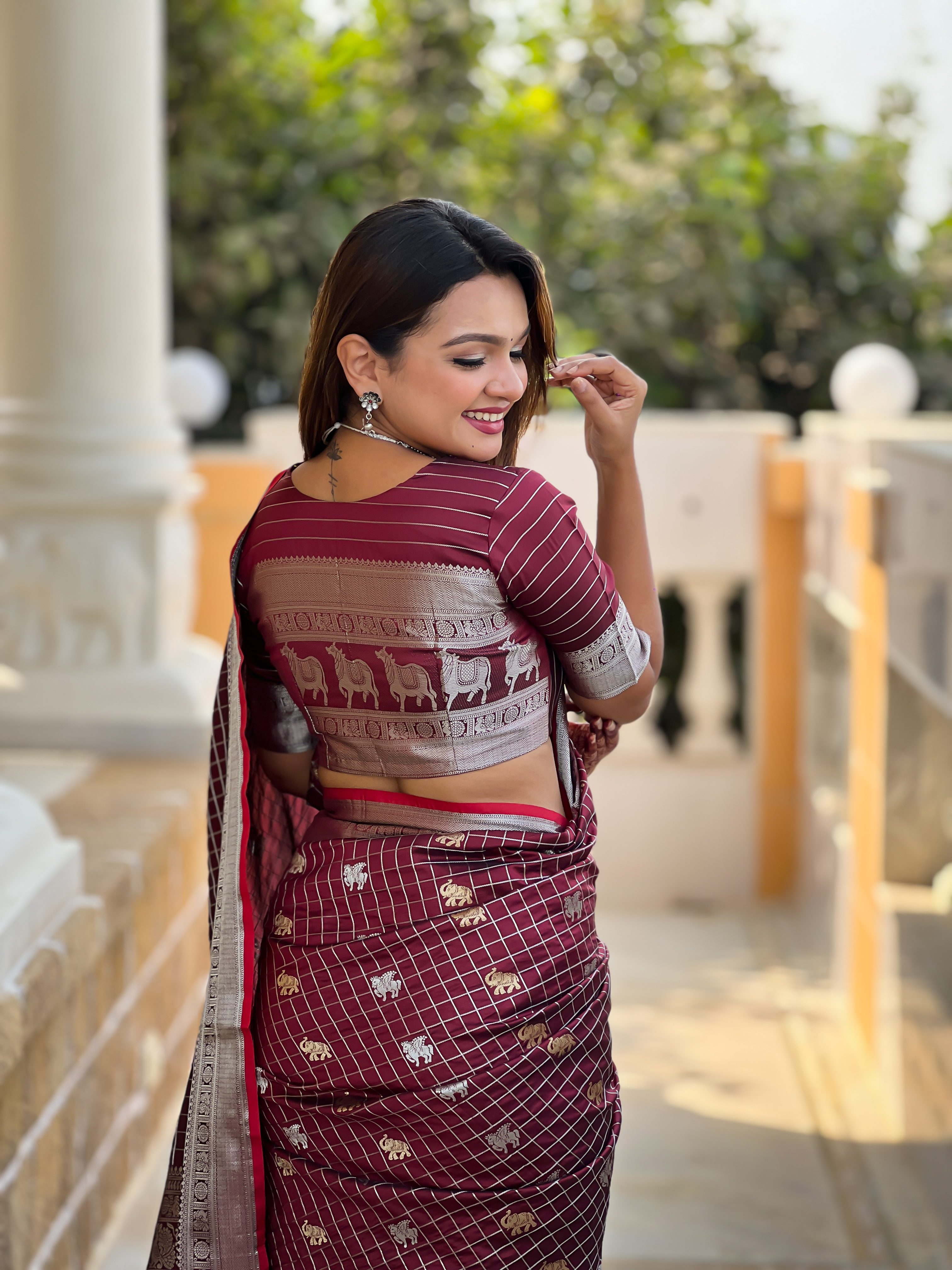 Tasarika Women Brown Weaving Soft Silk Saree In Pichwai, Concept, With Gold And Silver Zari Motif in Combination Sarees Rajshree