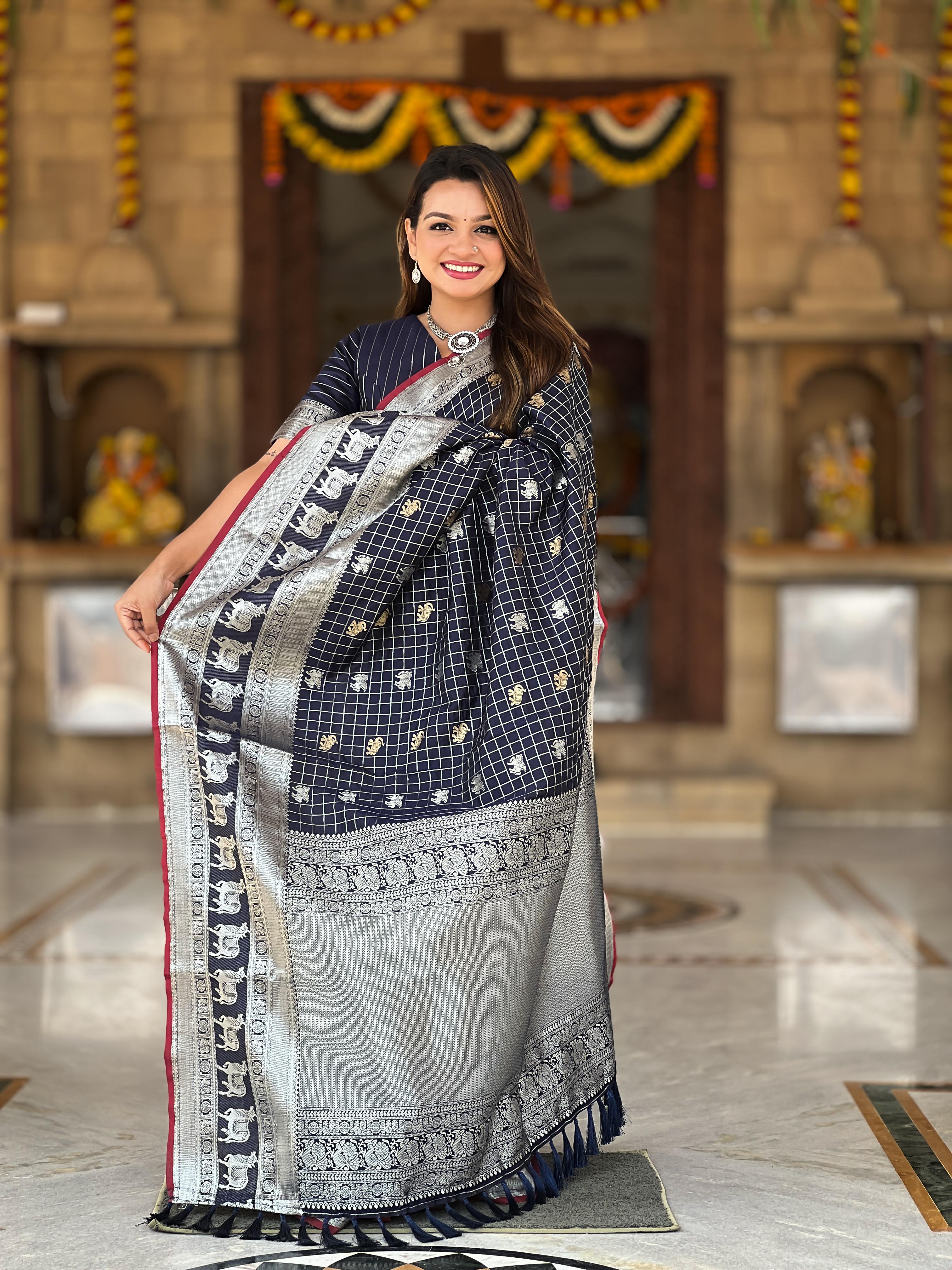 Tasarika Women Navy Weaving Soft Silk Saree In Pichwai, Concept, With Gold And Silver Zari Motif in Combination Sarees Rajshree