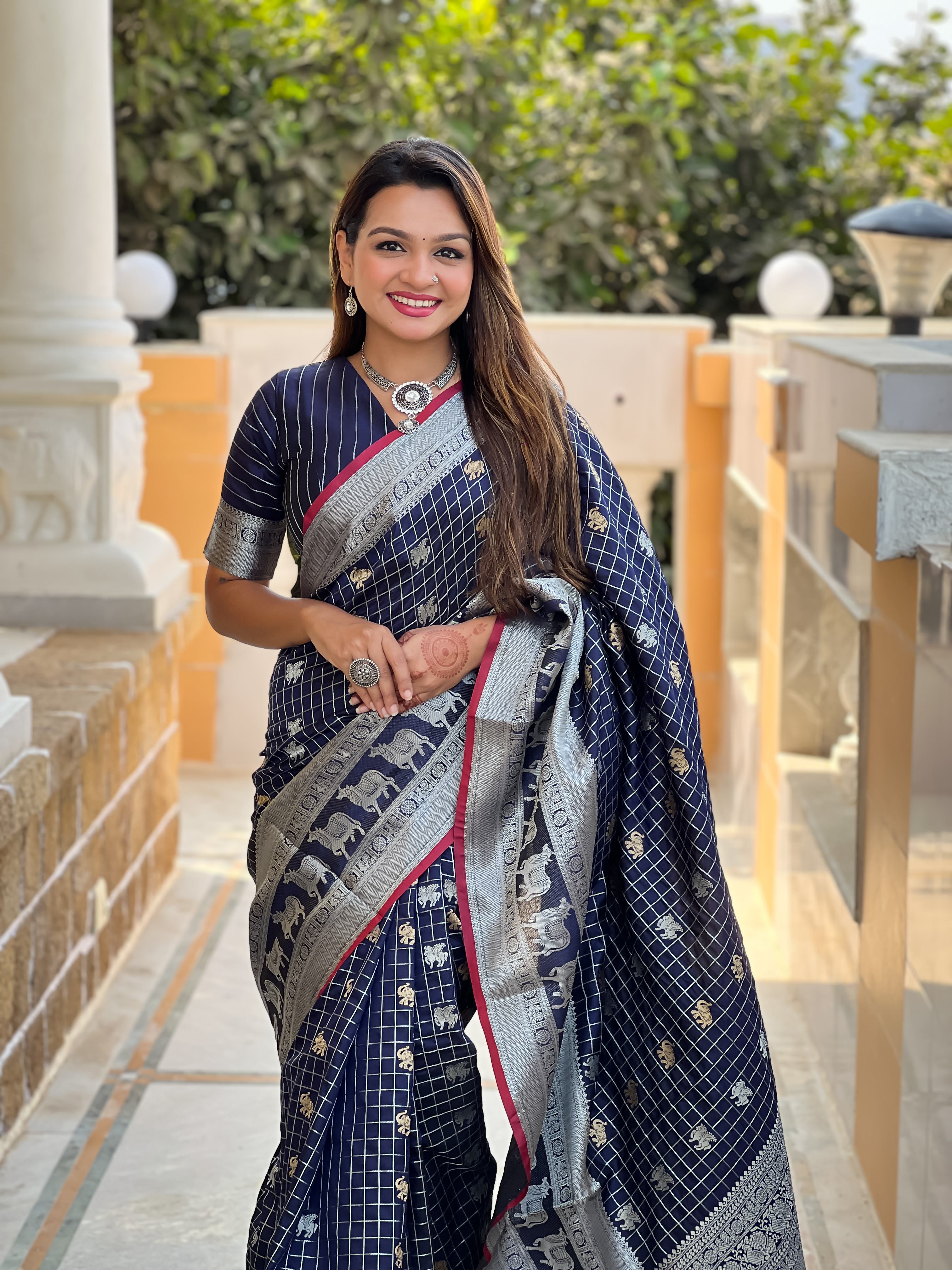 Tasarika Women Navy Weaving Soft Silk Saree In Pichwai, Concept, With Gold And Silver Zari Motif in Combination Sarees Rajshree