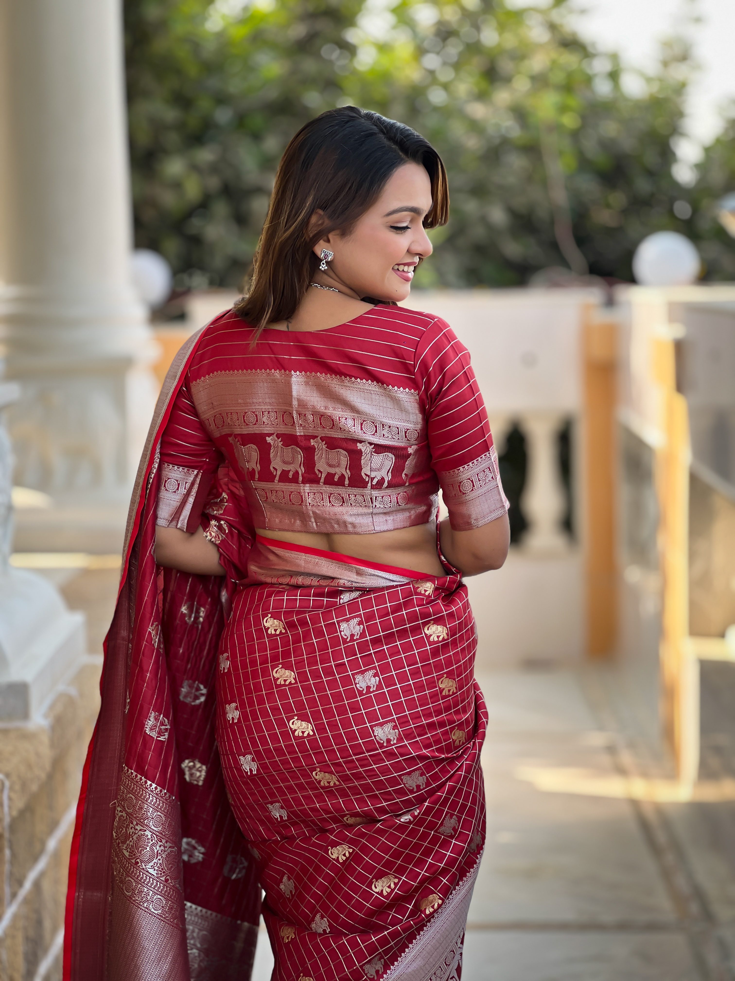 Tasarika Women Red Weaving Soft Silk Saree In Pichwai, Concept, With Gold And Silver Zari Motif in Combination Sarees Rajshree