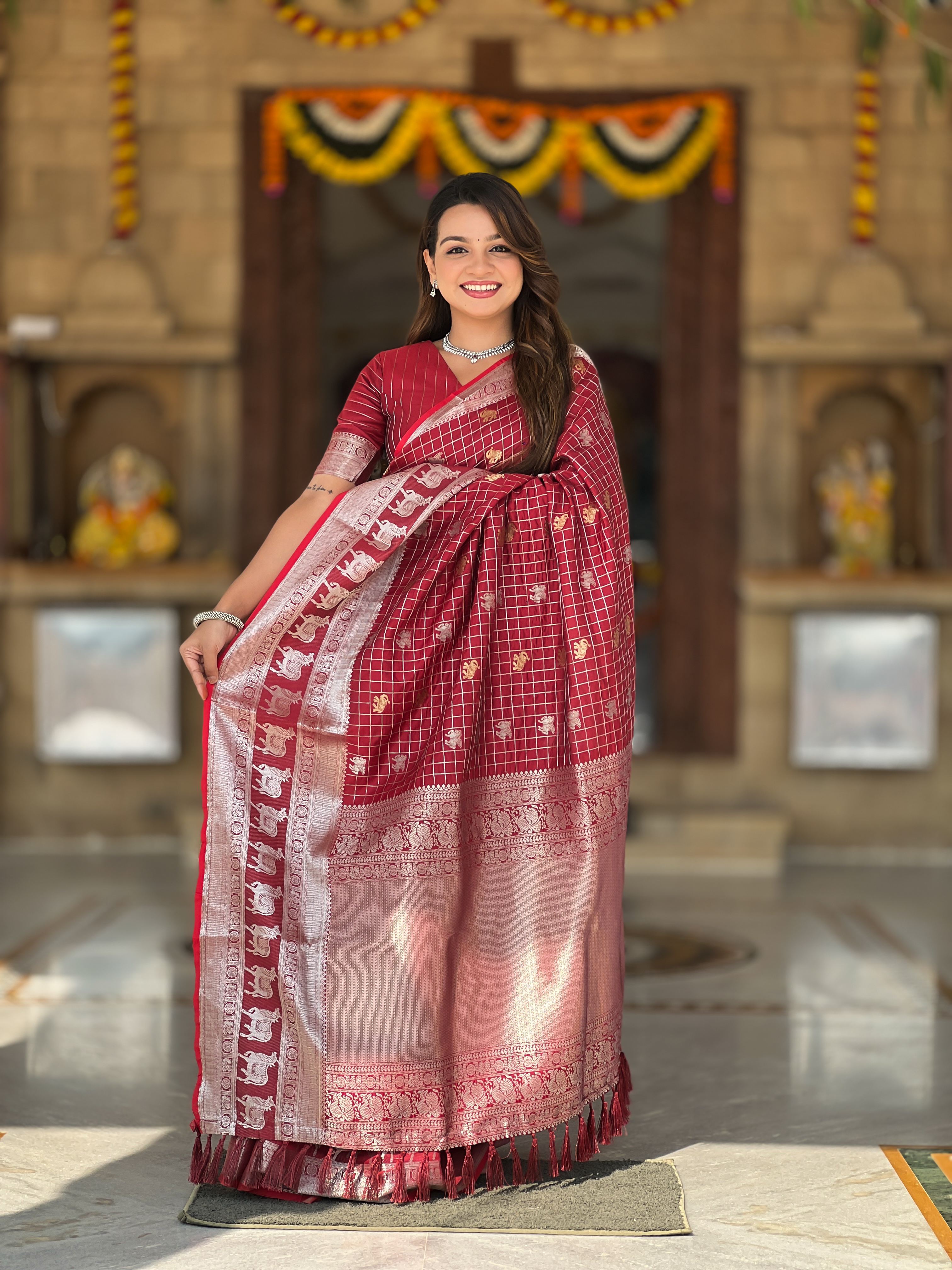Tasarika Women Red Weaving Soft Silk Saree In Pichwai, Concept, With Gold And Silver Zari Motif in Combination Sarees Rajshree