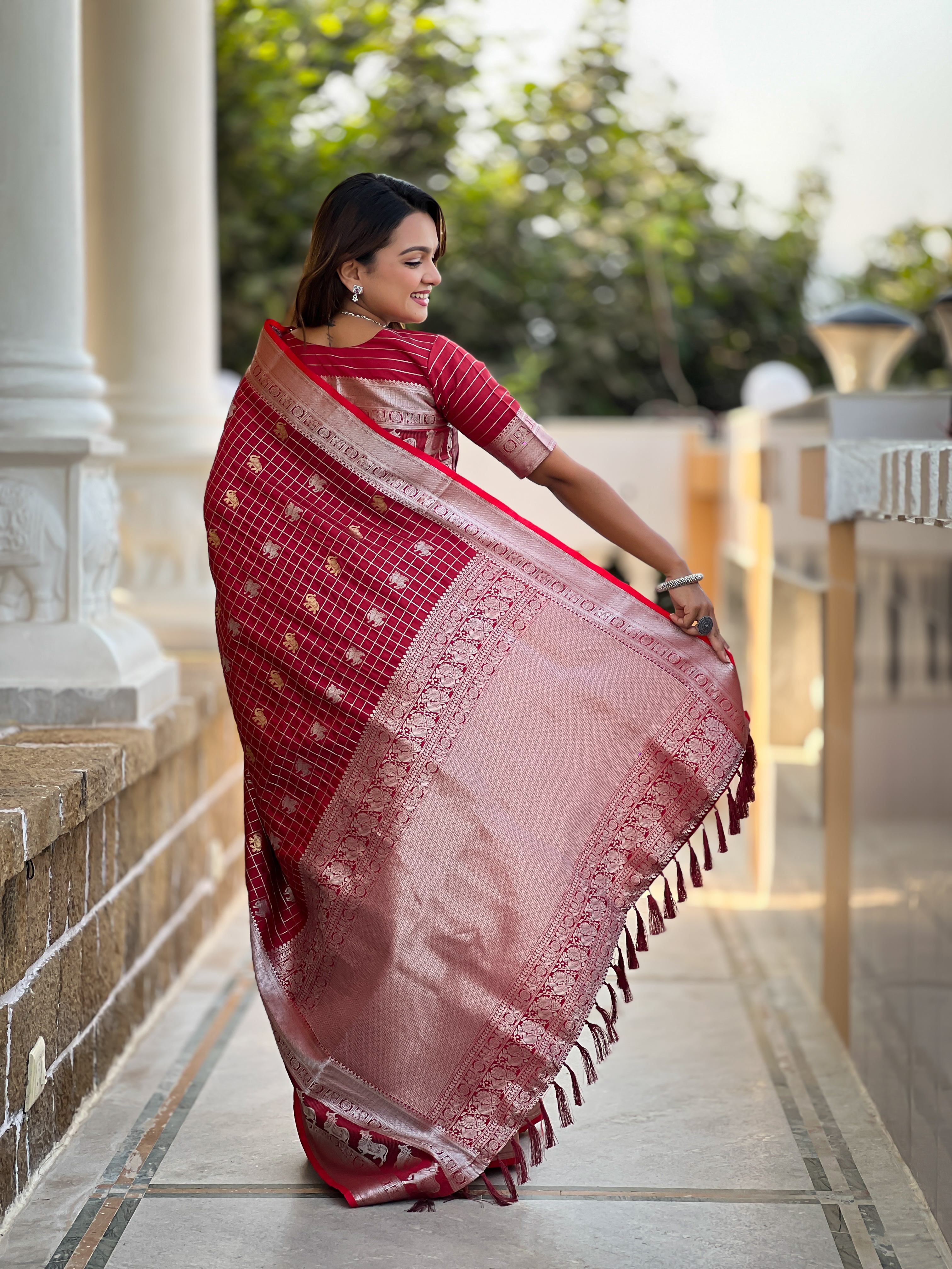 Tasarika Women Red Weaving Soft Silk Saree In Pichwai, Concept, With Gold And Silver Zari Motif in Combination Sarees Rajshree