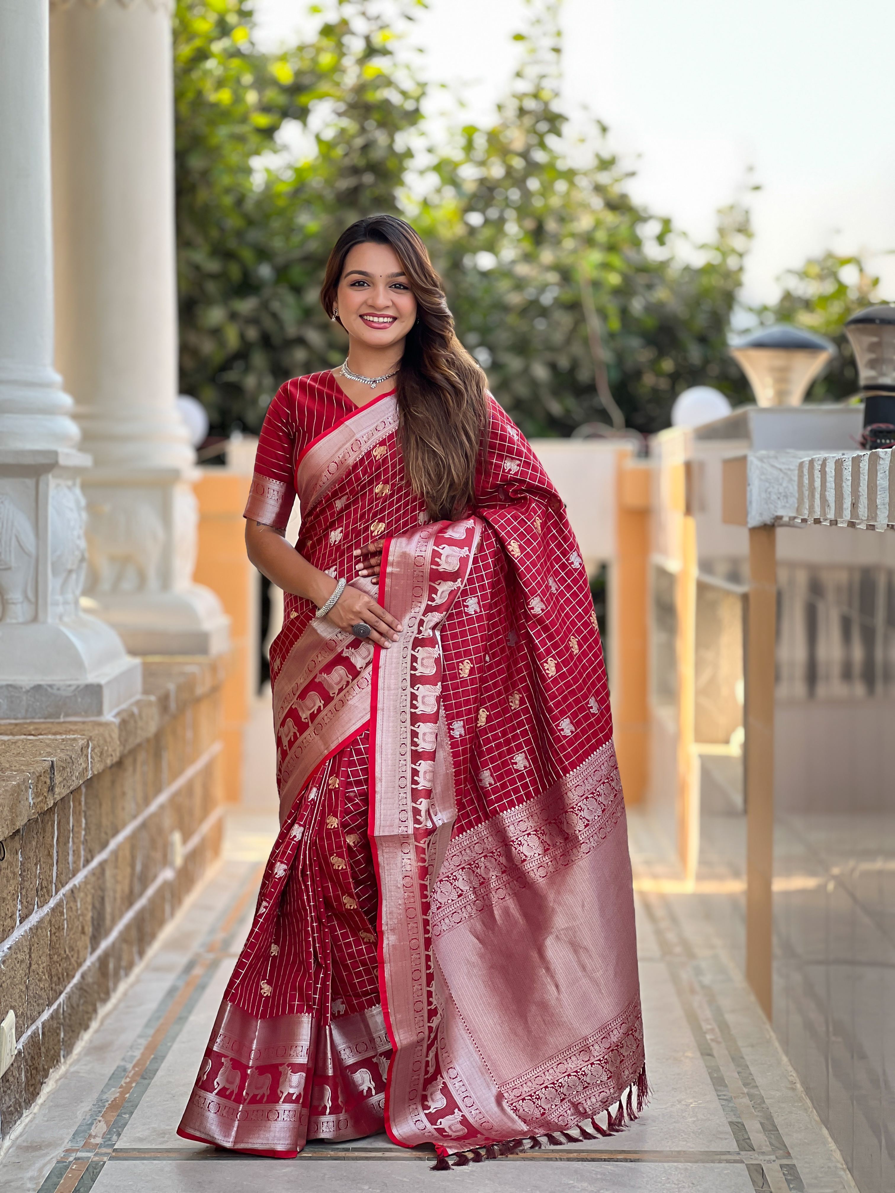 Tasarika Women Red Weaving Soft Silk Saree In Pichwai, Concept, With Gold And Silver Zari Motif in Combination Sarees Rajshree