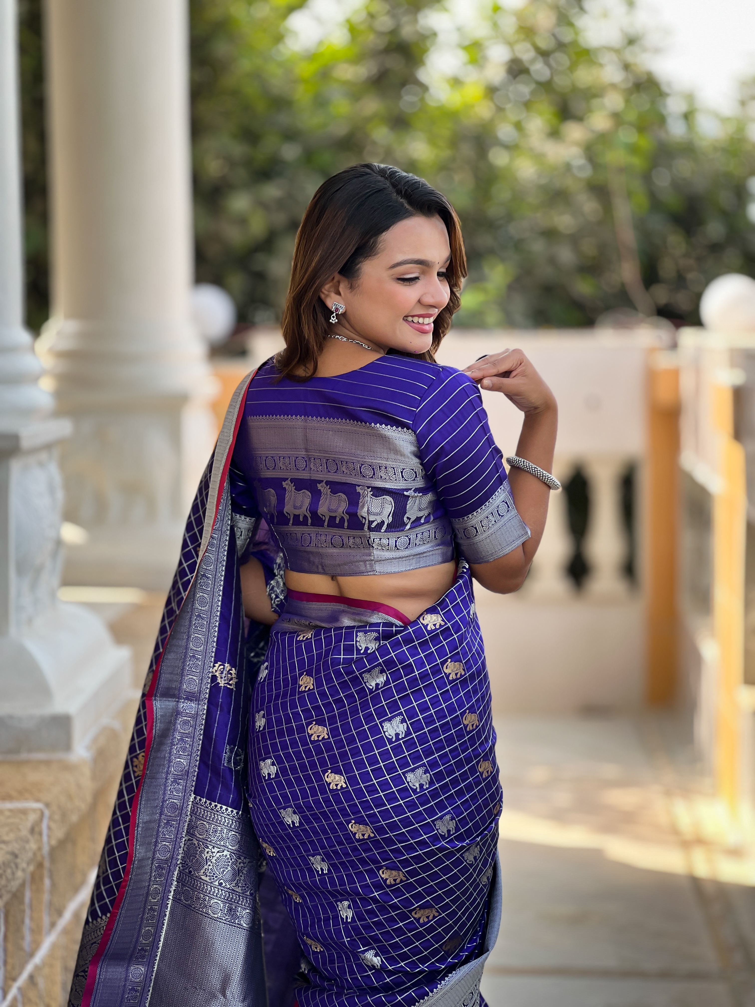 Tasarika Women Violet Weaving Soft Silk Saree In Pichwai, Concept, With Gold And Silver Zari Motif in Combination Sarees Rajshree