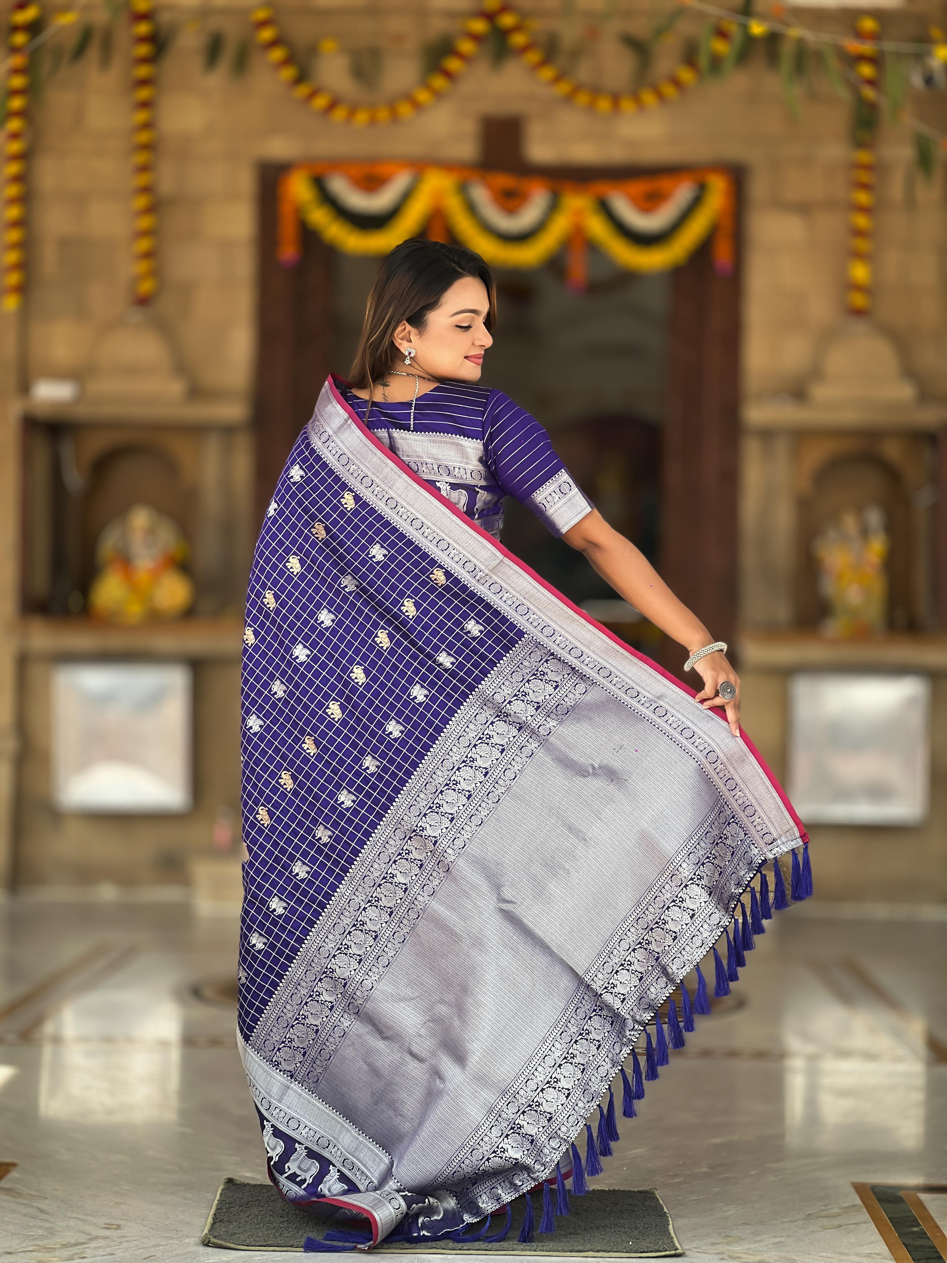 Tasarika Women Violet Weaving Soft Silk Saree In Pichwai, Concept, With Gold And Silver Zari Motif in Combination Sarees Rajshree