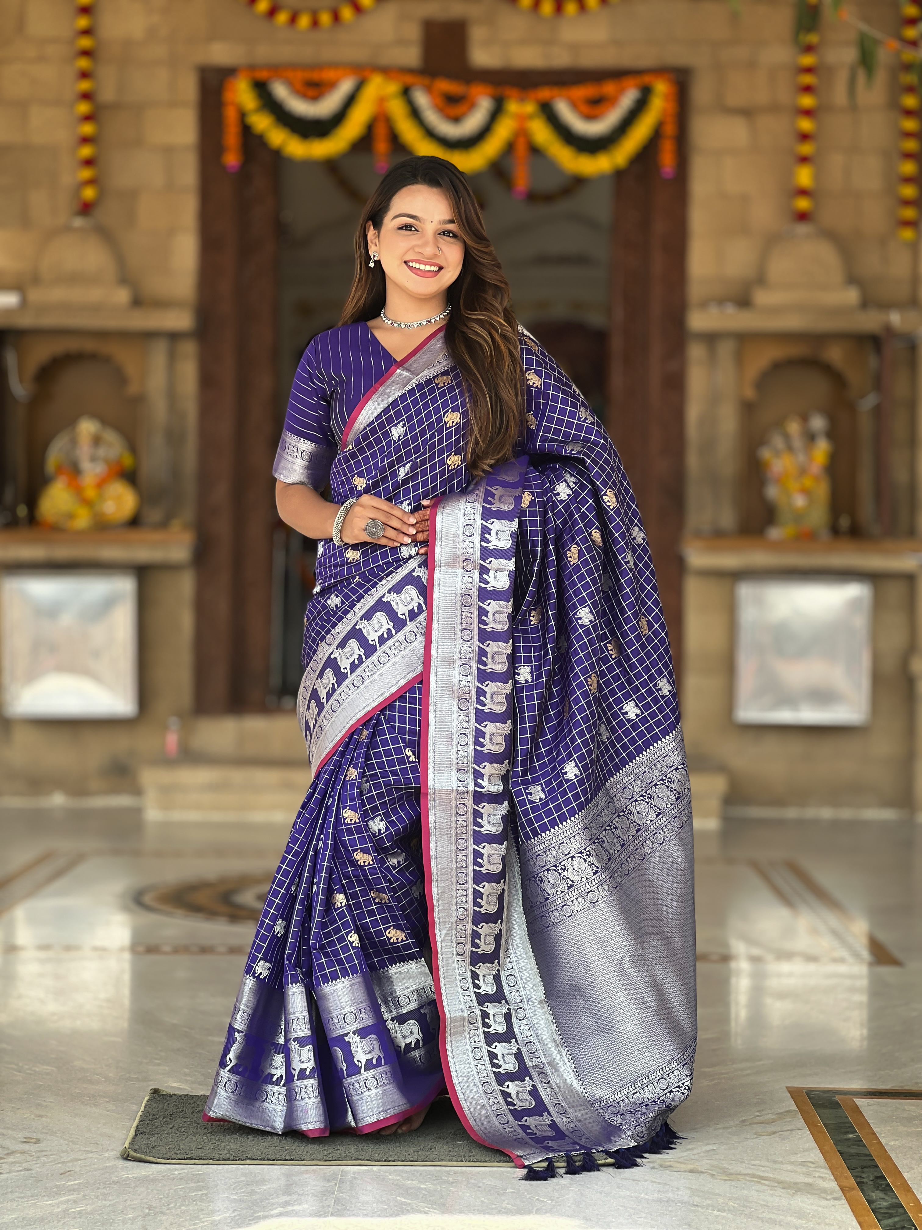 Tasarika Women Violet Weaving Soft Silk Saree In Pichwai, Concept, With Gold And Silver Zari Motif in Combination Sarees Rajshree
