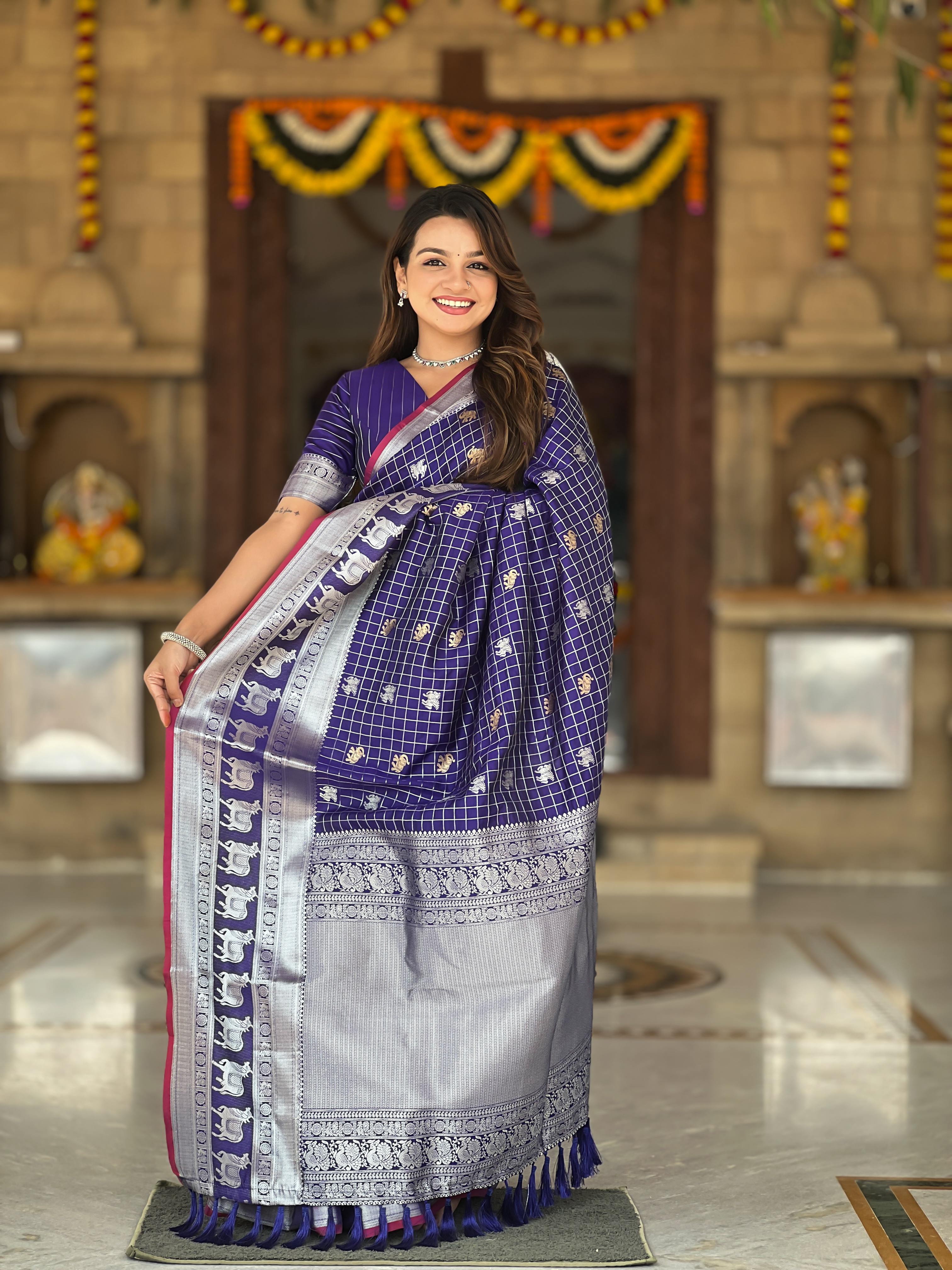 Tasarika Women Violet Weaving Soft Silk Saree In Pichwai, Concept, With Gold And Silver Zari Motif in Combination Sarees Rajshree
