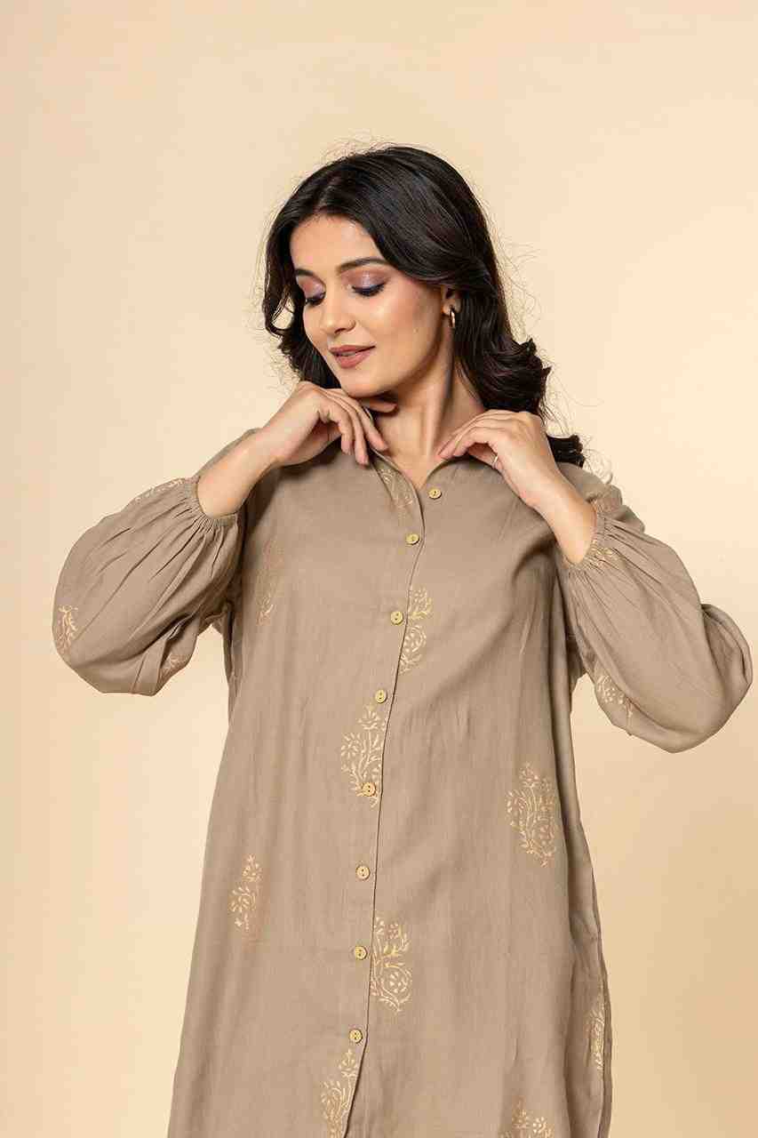 Naksh Grey Cotton Satin Co-ordinated Set With Gold Print (Set of 2)