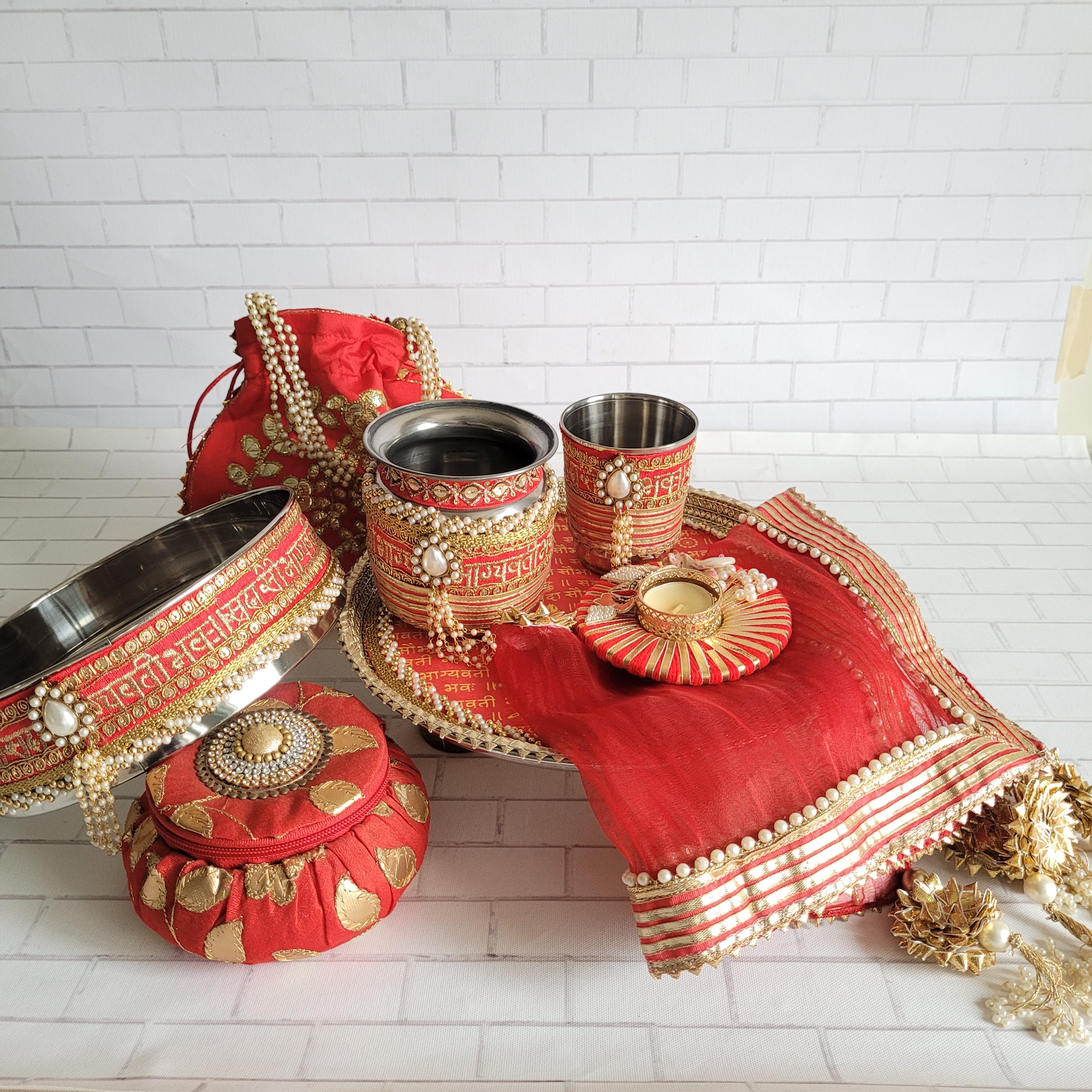 Red & Gold Shlok Printed Karva Chauth Thali Set