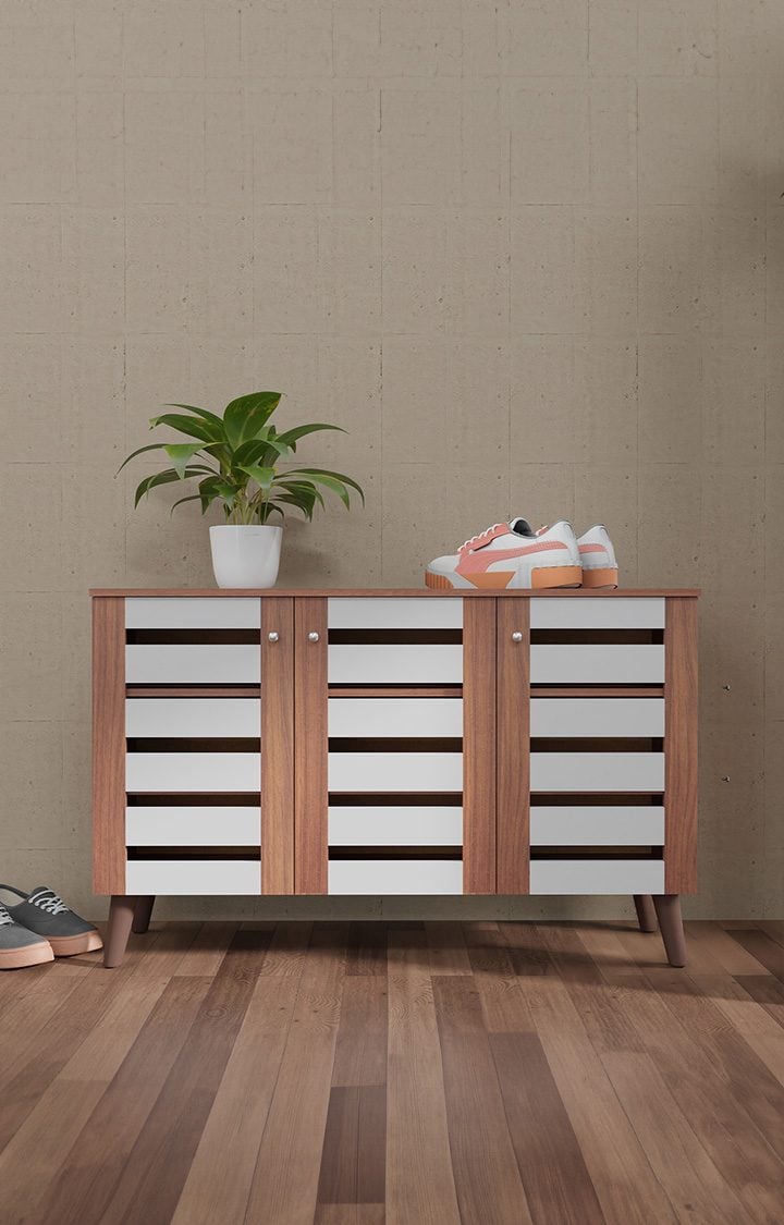 neudot Attic Horizon 3 Door Engineered Wood Shoerack | Footwear Organizer |9 Shelves | Shoe Stand | Slipper Sandals Stand | Wooden Shoe Rack for Home (Finish Color -Frosty White, Knock Down)