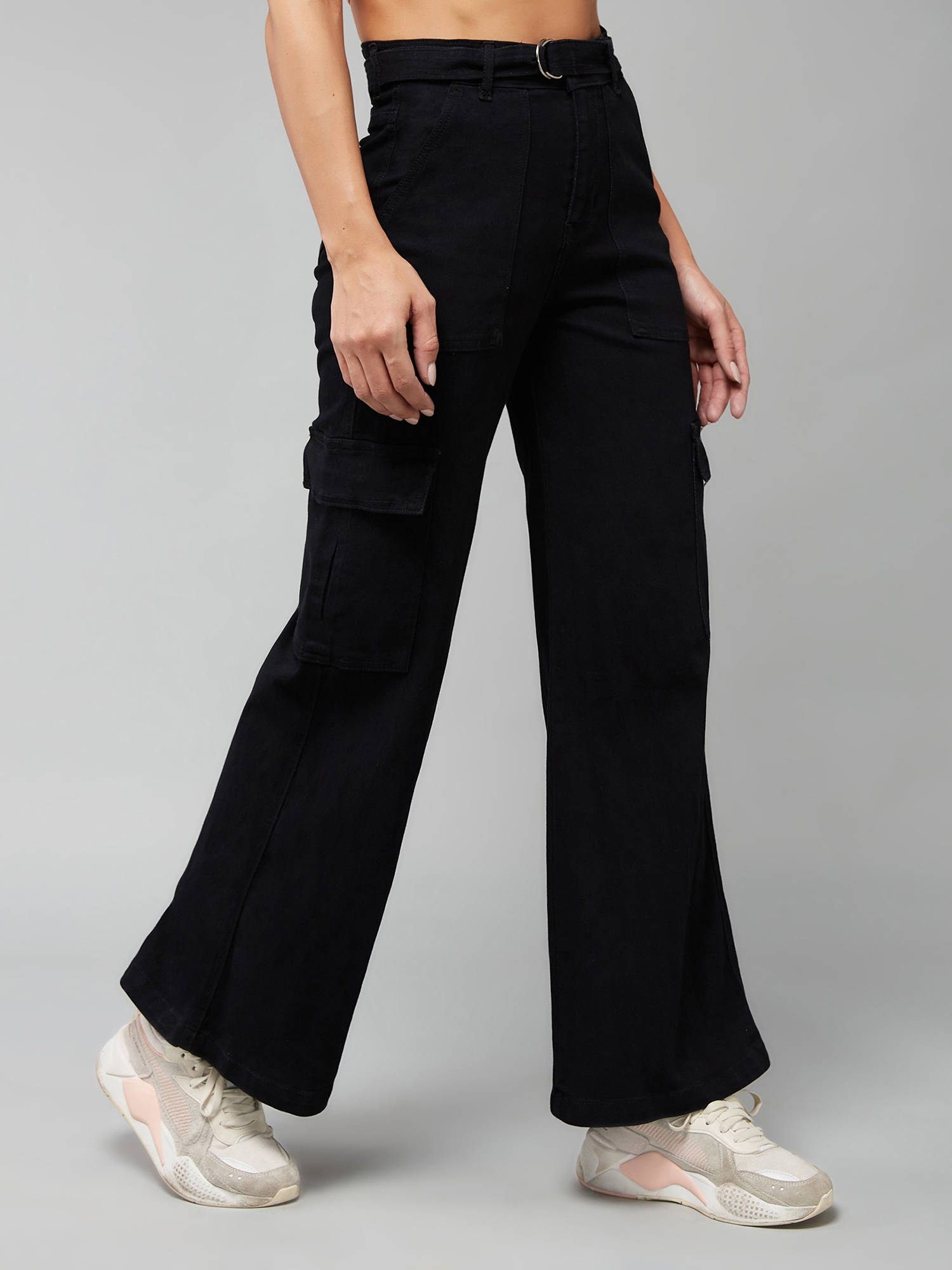 Women's Black Wide leg High rise Clean look Regular Stretchable Denim Jeans