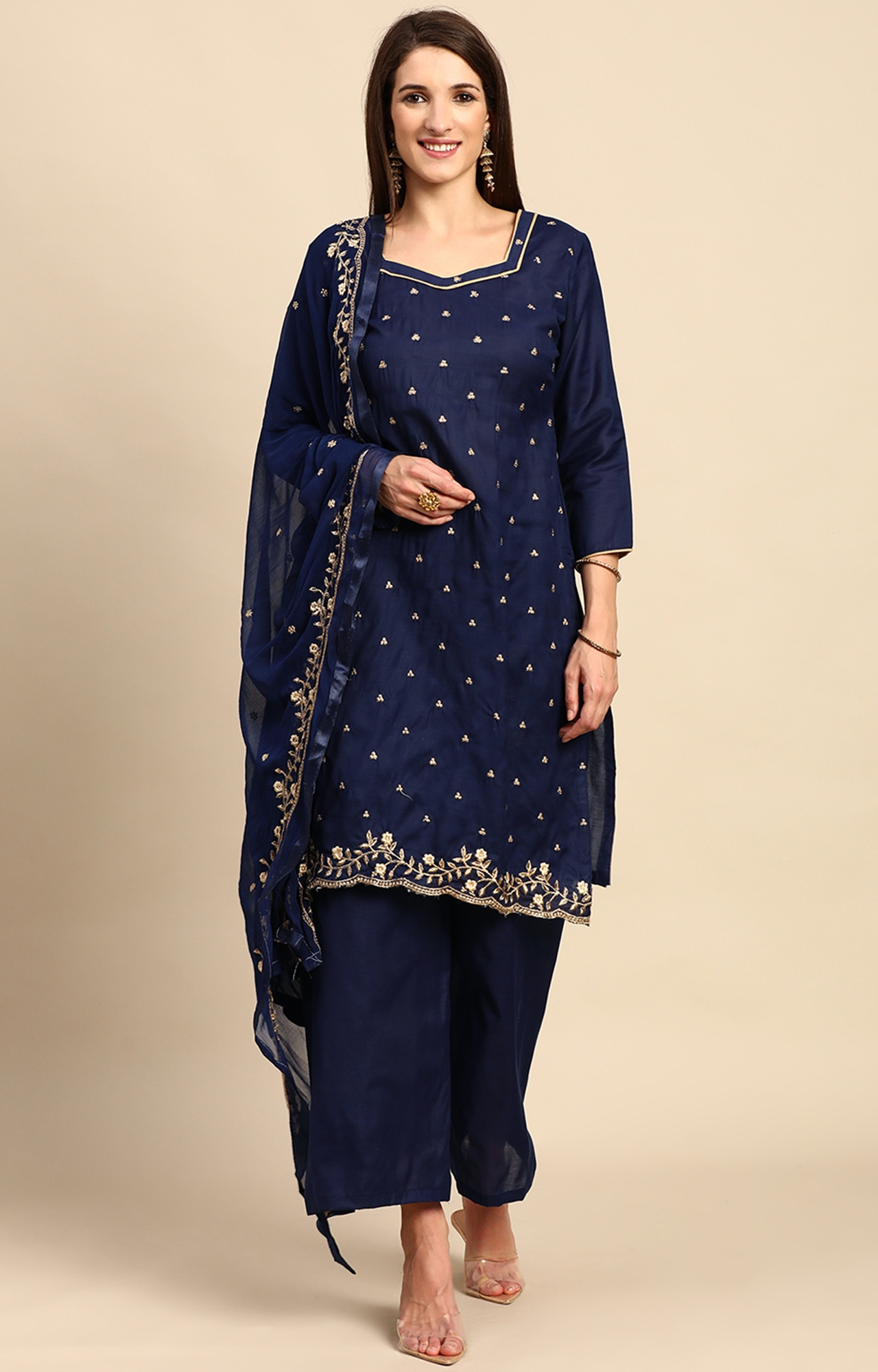 Shaily Women Navy Blue Color Cotton Embroidered Unstitched Dress Material-VF_MIRZA_NBLUE_DM