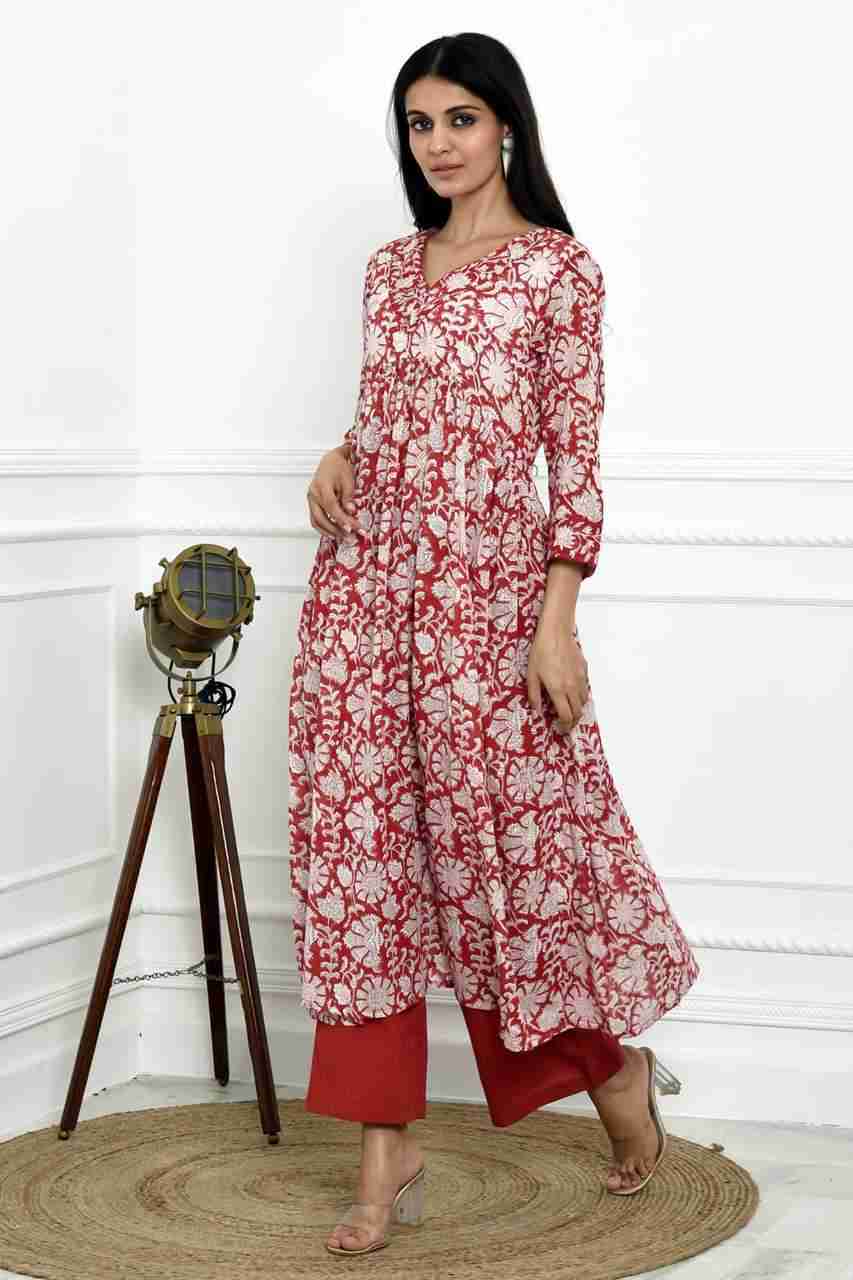 Naksh Red And White Block Printed Gathered Kurta With Pants (Set of 2)