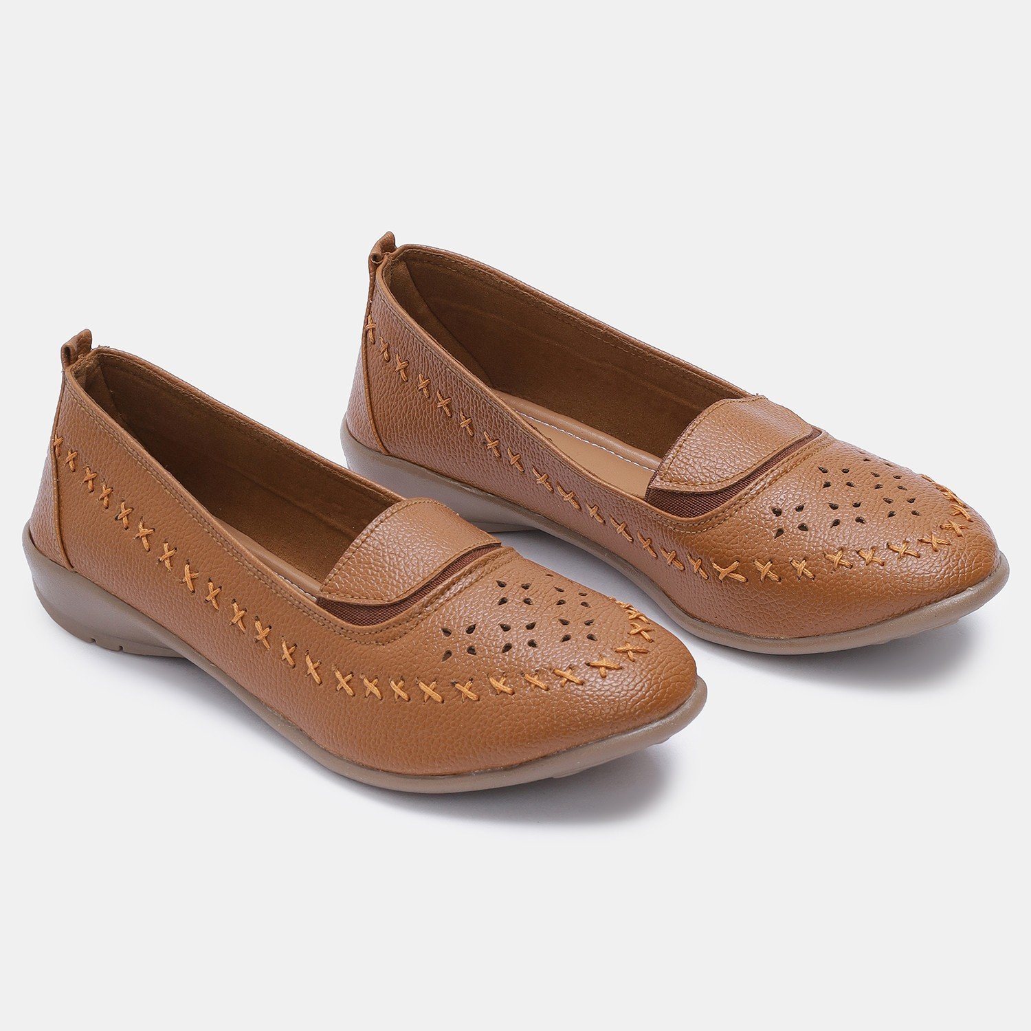Elegant Tan PU Leather Loafers for Women | Slip-On Comfort Flats with Non-Slip Sole
