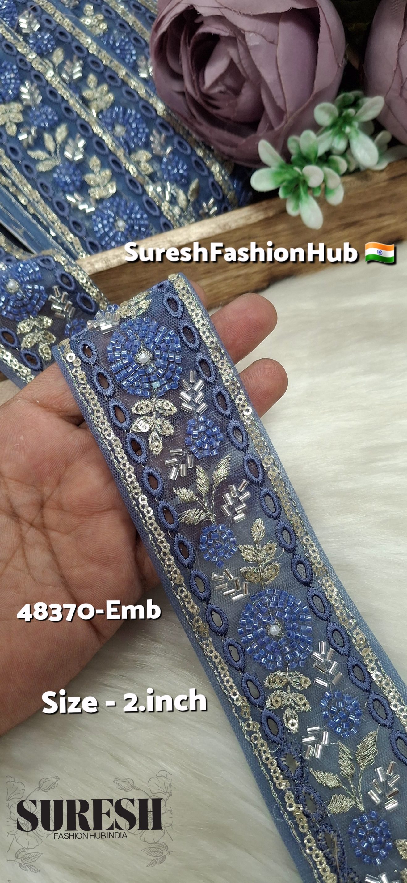 Blue TwinCut Floral Net Embroidered Lace