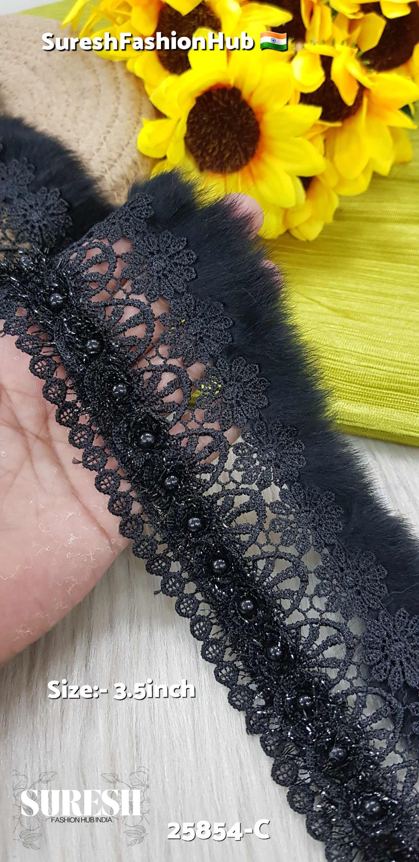 3D Black Imported Fur & Pearl Layered Lace