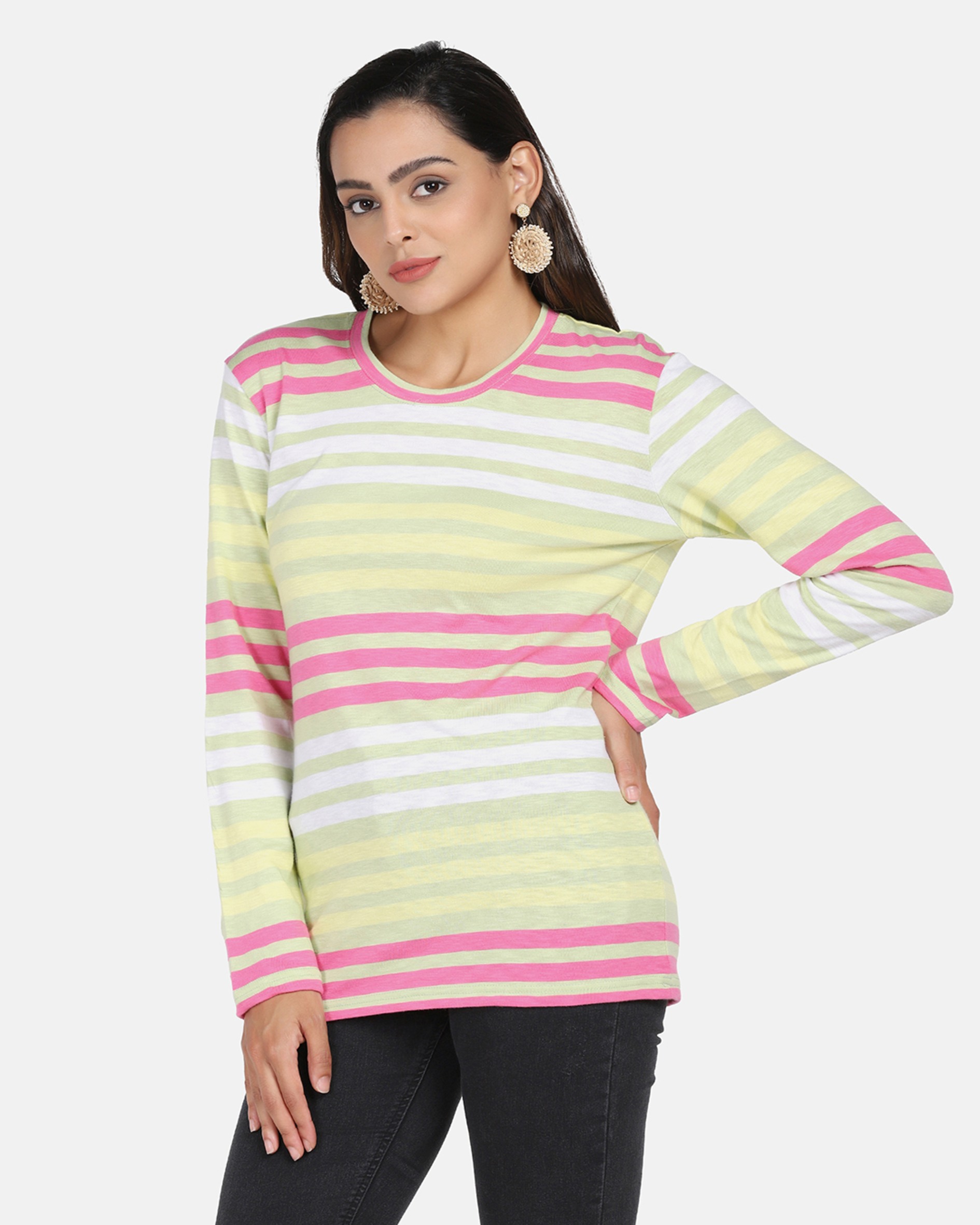 Full Sleeves Pink & Green Striped T Shirt