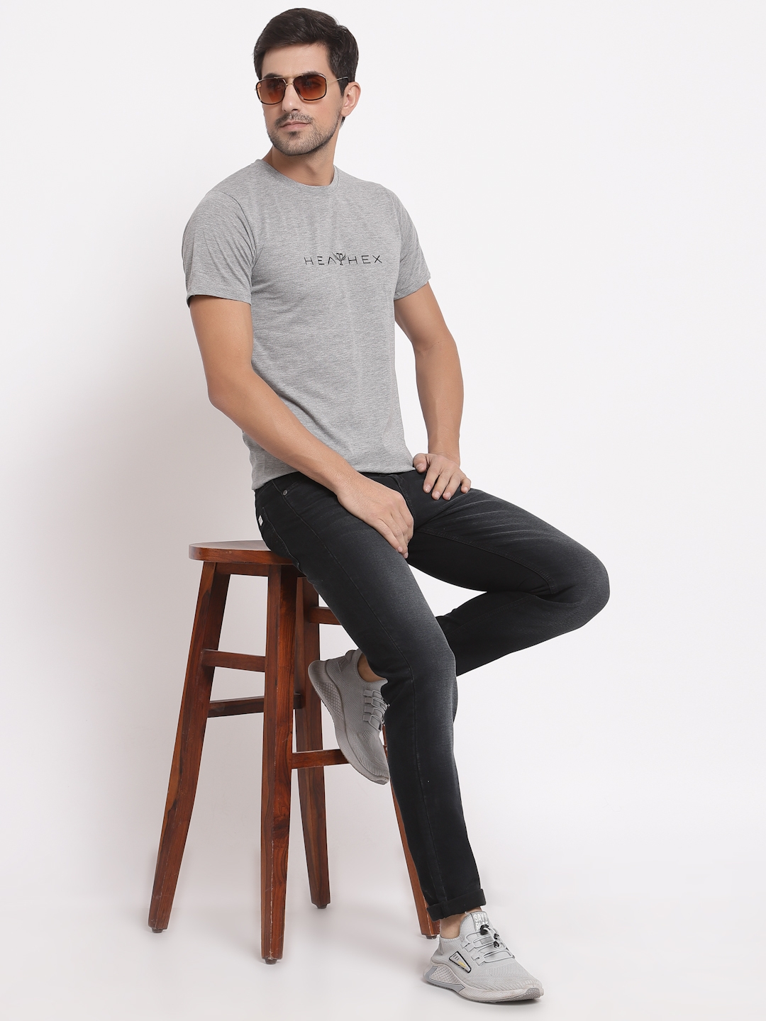 HEATHEX | HEATHEX Cotton Blend Printed Half Sleeve Light Grey T-Shirt for Men 4