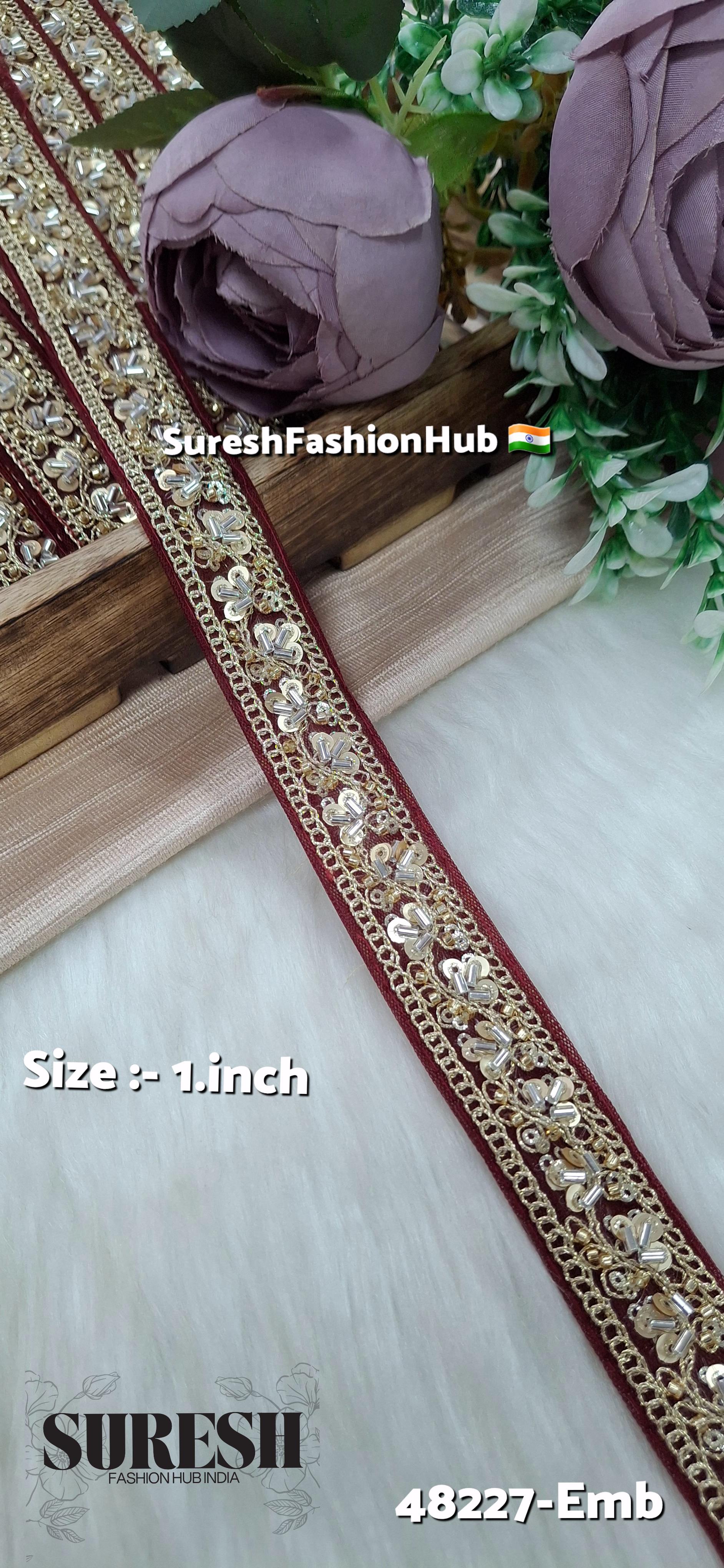 Maroon Pearl Embroidery Net Lace