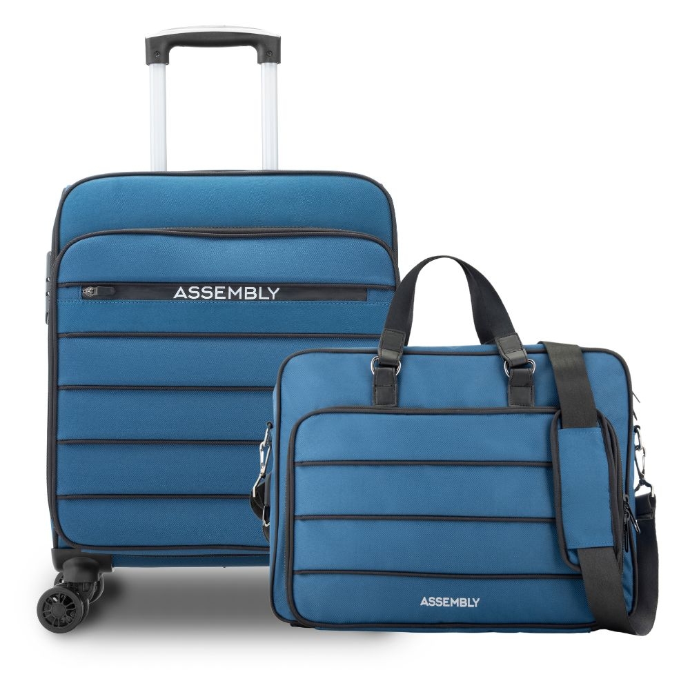 BLUE AND GREEN DESIGNER TRAVEL TROLLEY BAG SET AND VANITY BAGS COMBO-F –  www.soosi.co.in